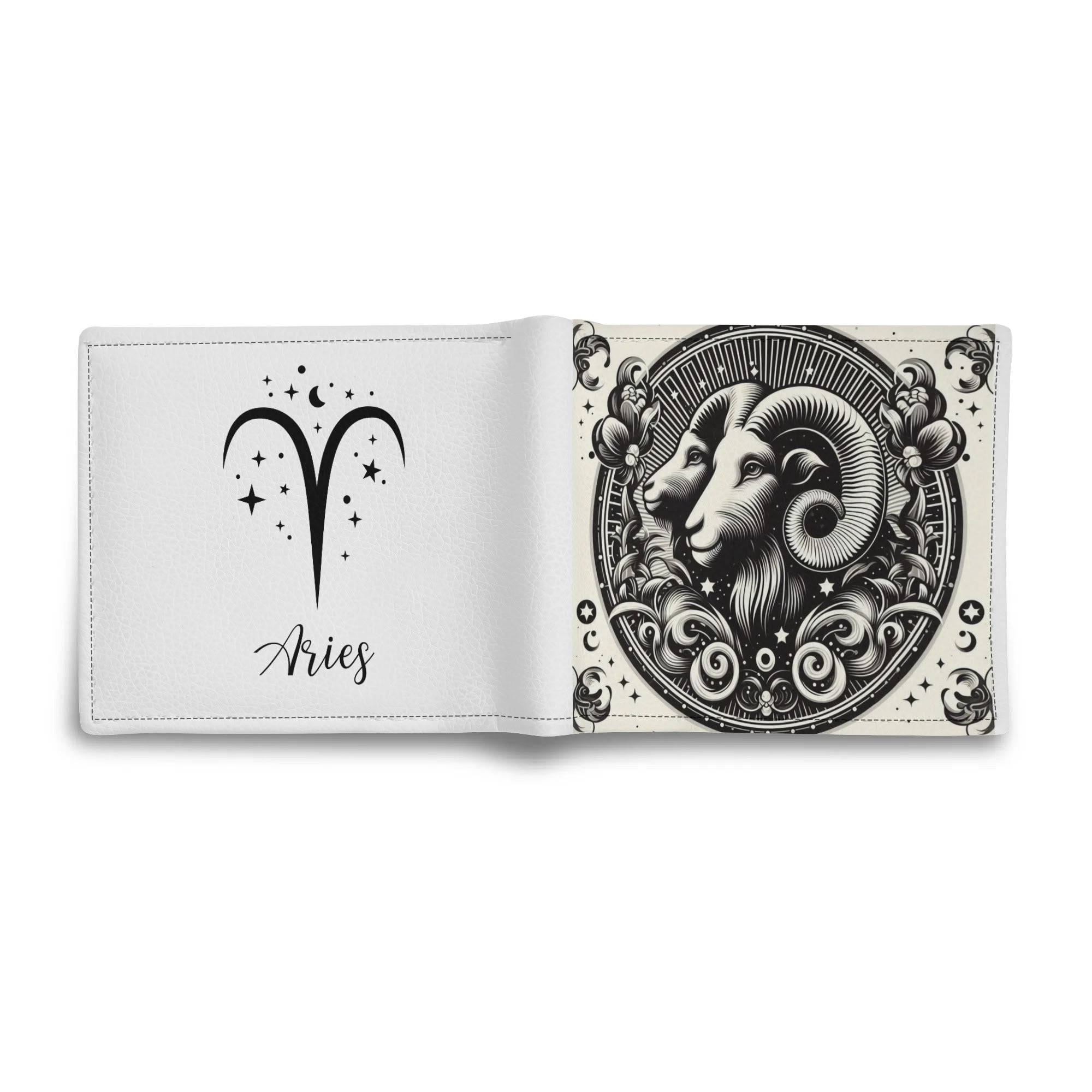 Open book with Aries zodiac design on a white background