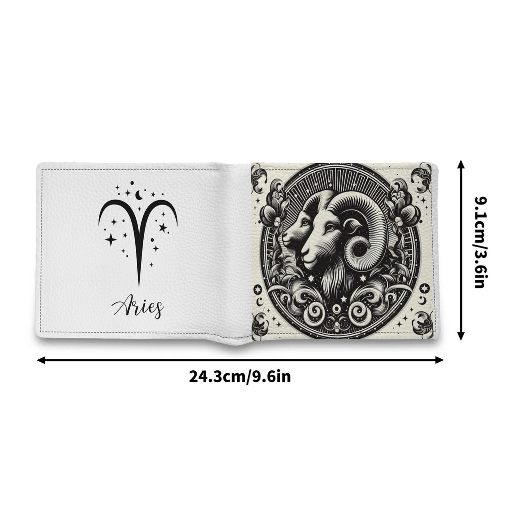 White wallet with Aries zodiac design and measurements on a white background