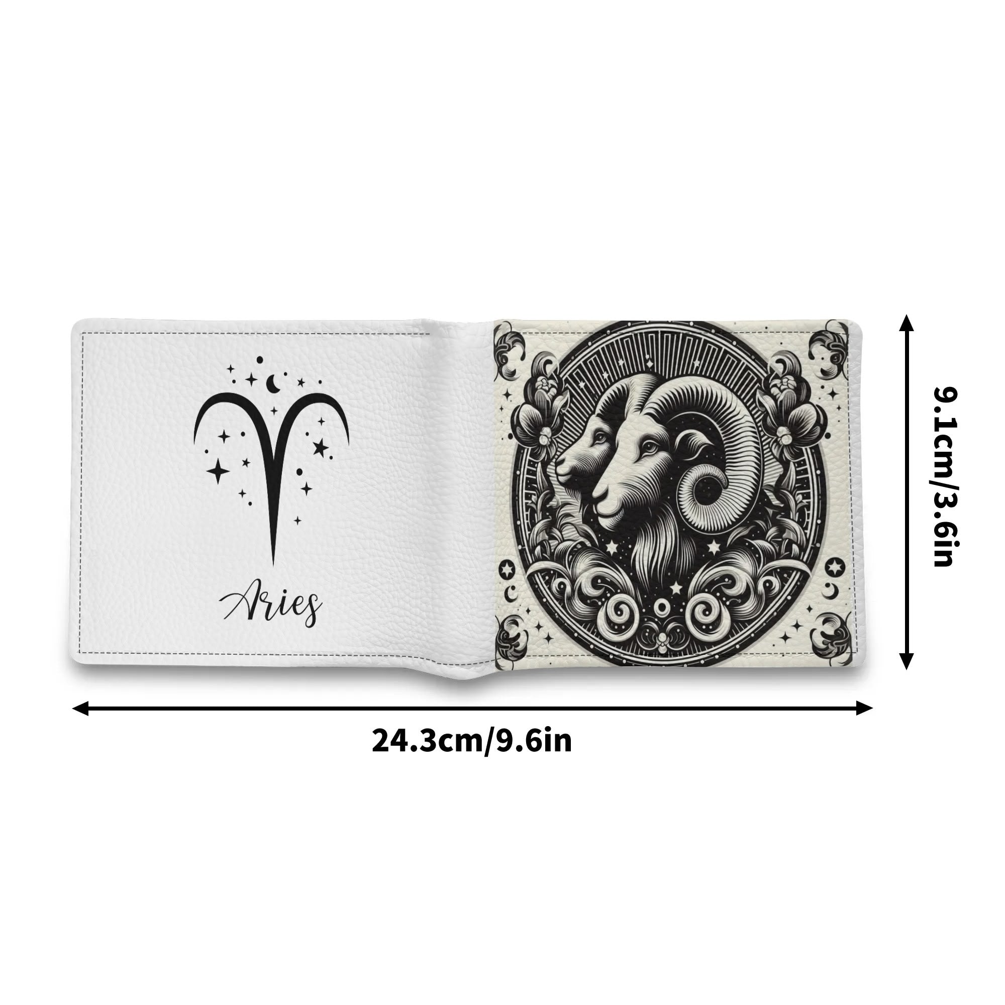 White wallet with Aries zodiac design and measurements on a white background