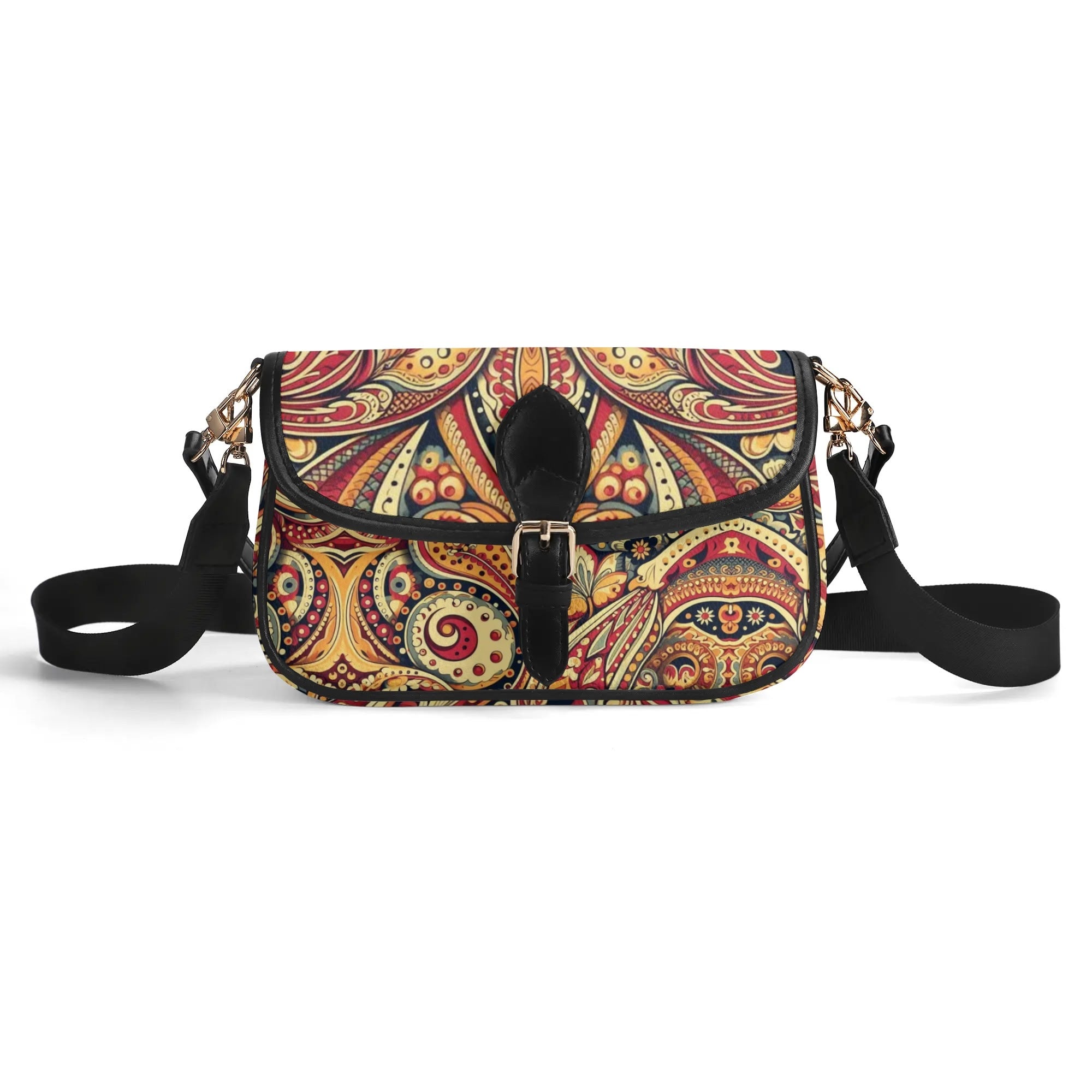 Colorful patterned handbag with a black strap on a white background