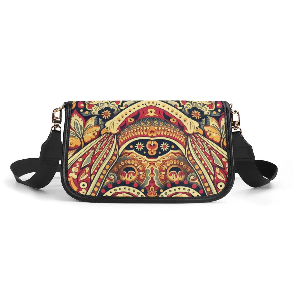 Colorful patterned handbag with a strap on a white background