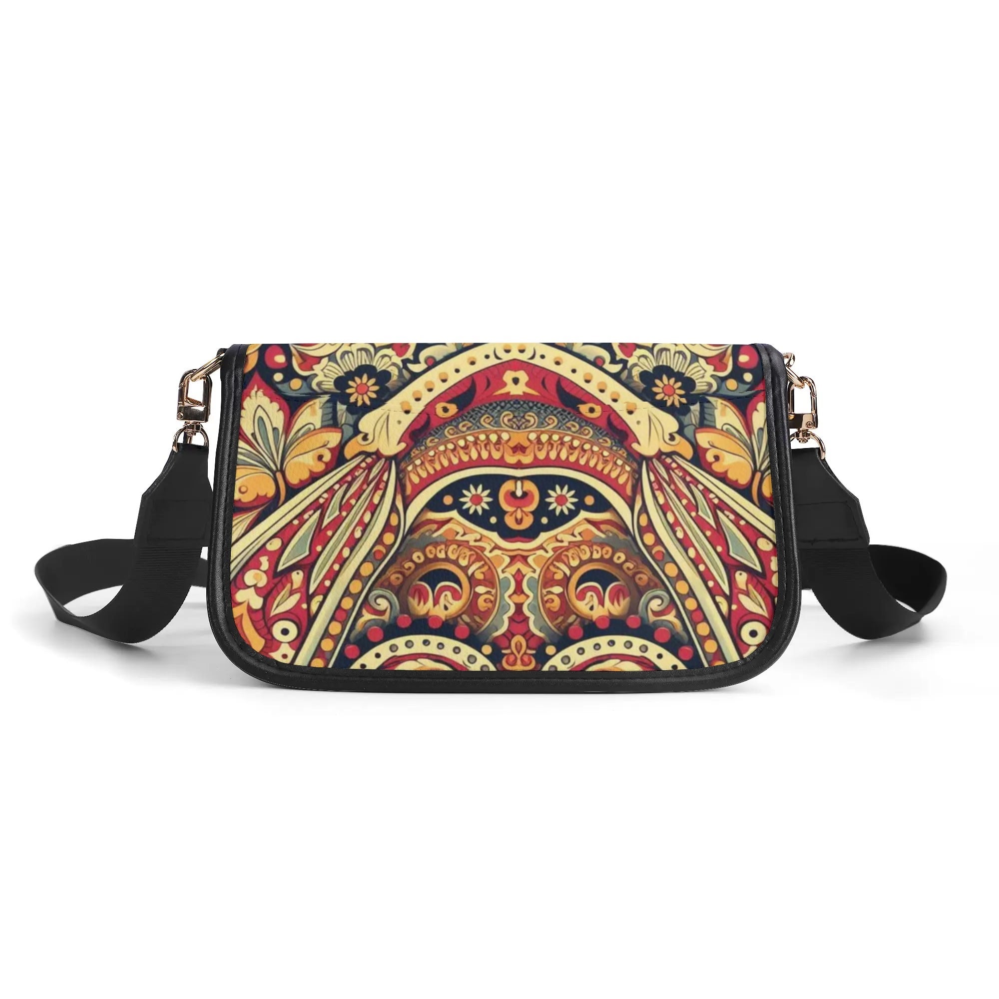 Colorful patterned handbag with a strap on a white background