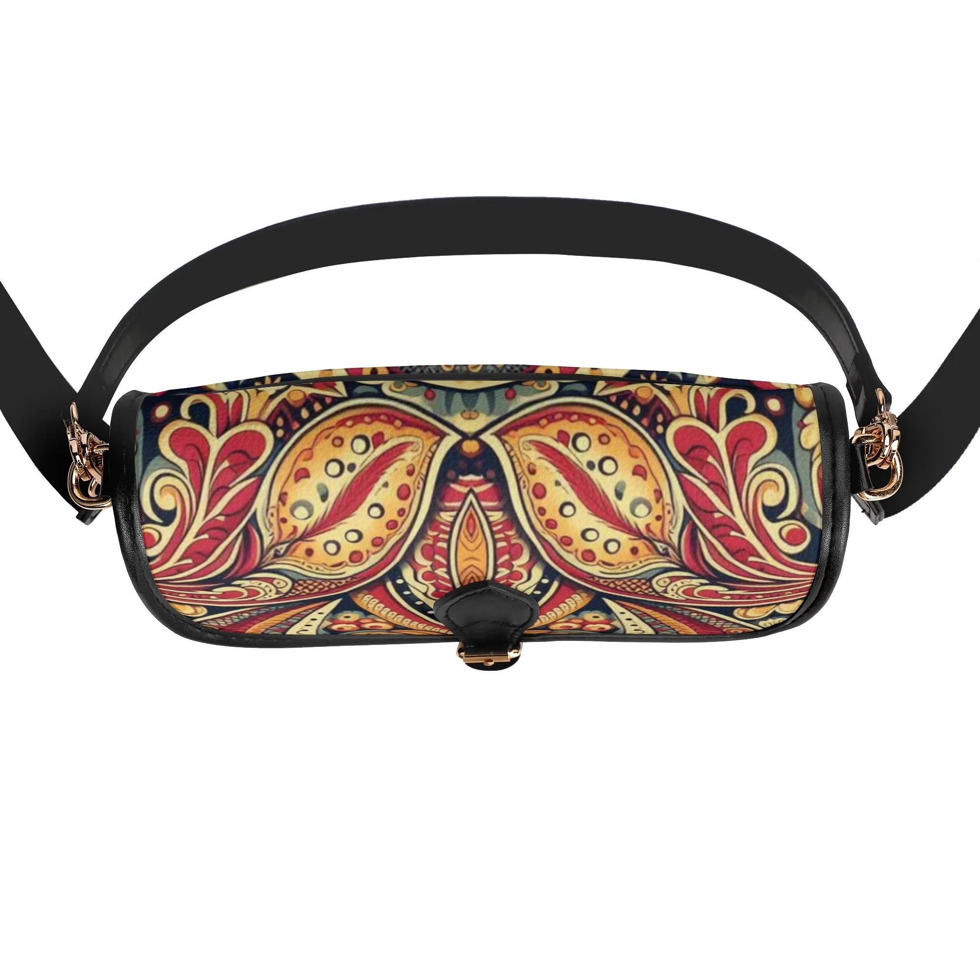 Colorful paisley patterned handbag with a black strap on a white background
