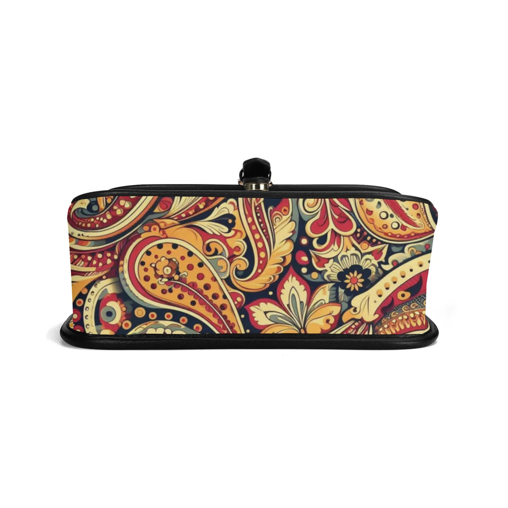 Colorful paisley-patterned pouch on a white background