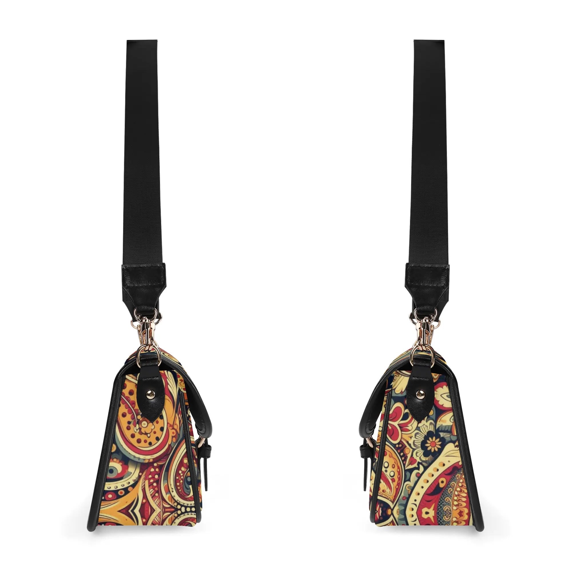 Two colorful patterned bags with black straps on a white background