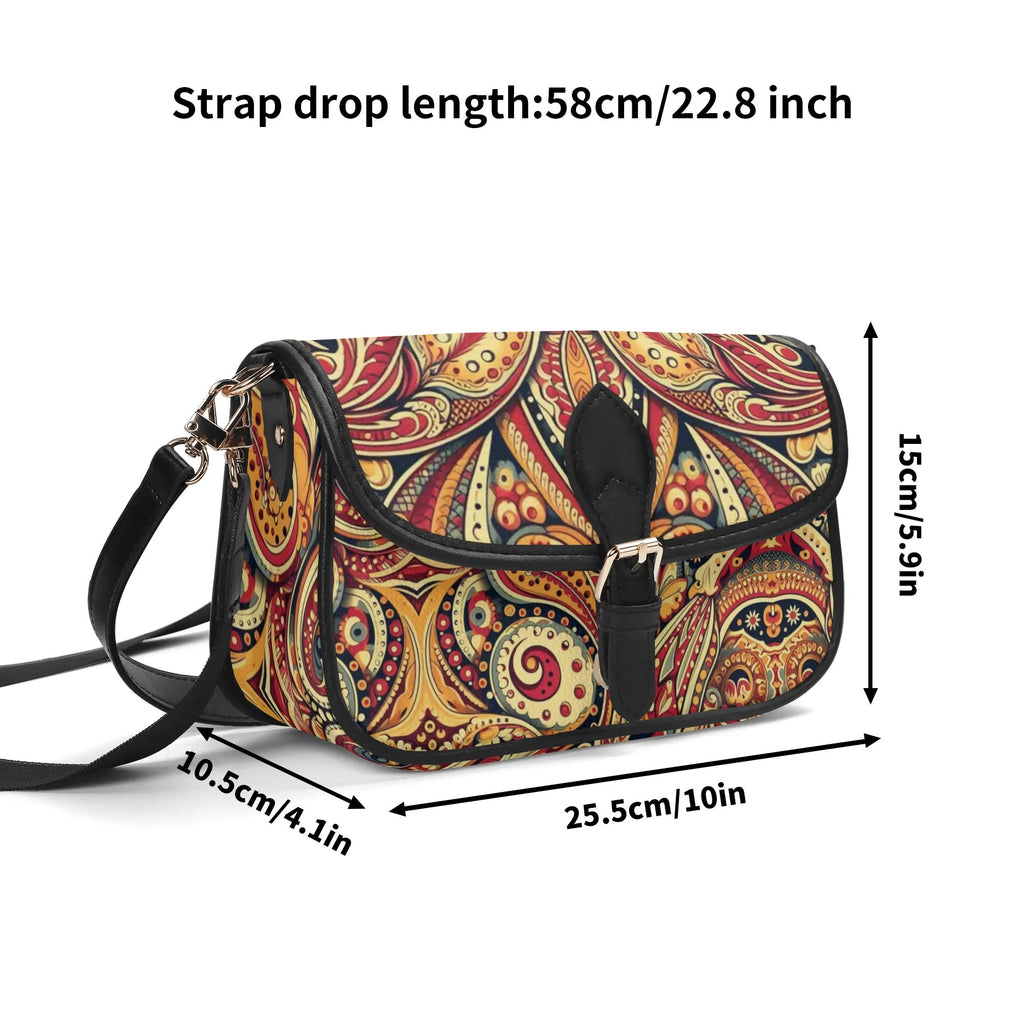 Patterned handbag with measurements on a white background