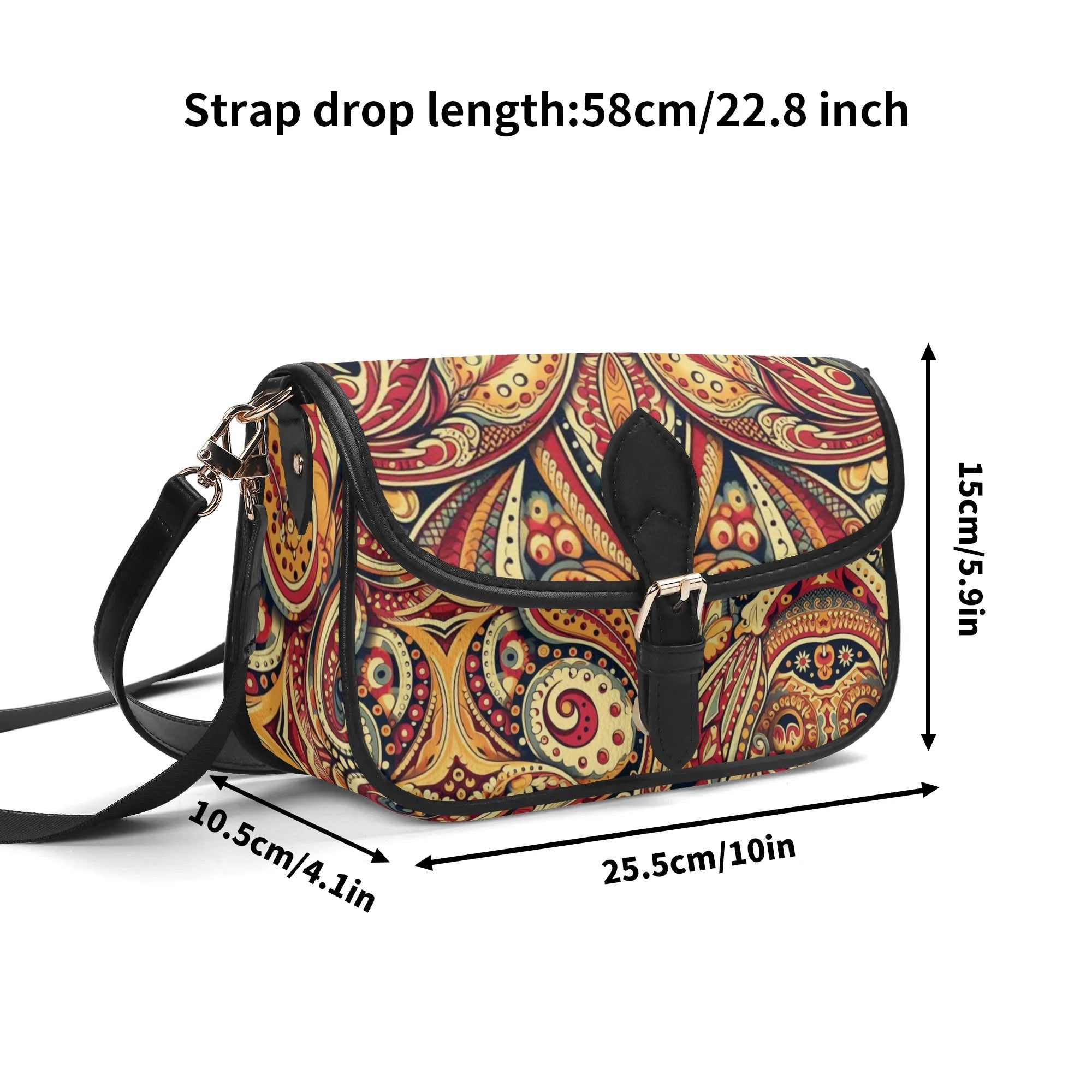 Patterned handbag with measurements on a white background