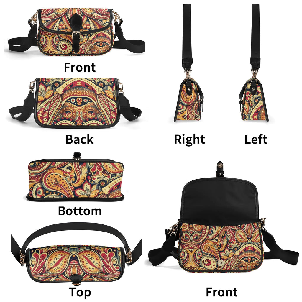 Multicolored patterned bag shown from multiple angles on a white background