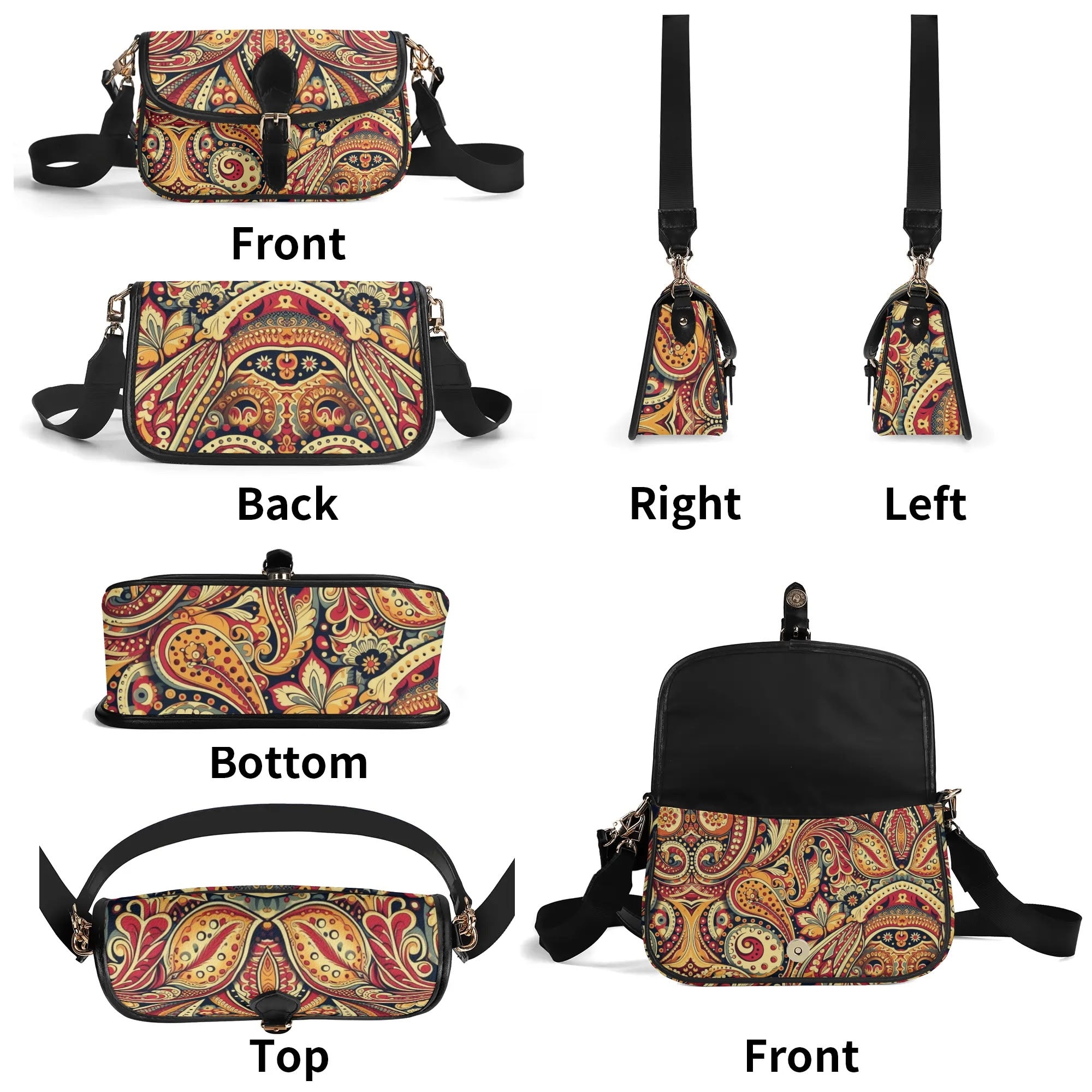 Multicolored patterned bag shown from multiple angles on a white background