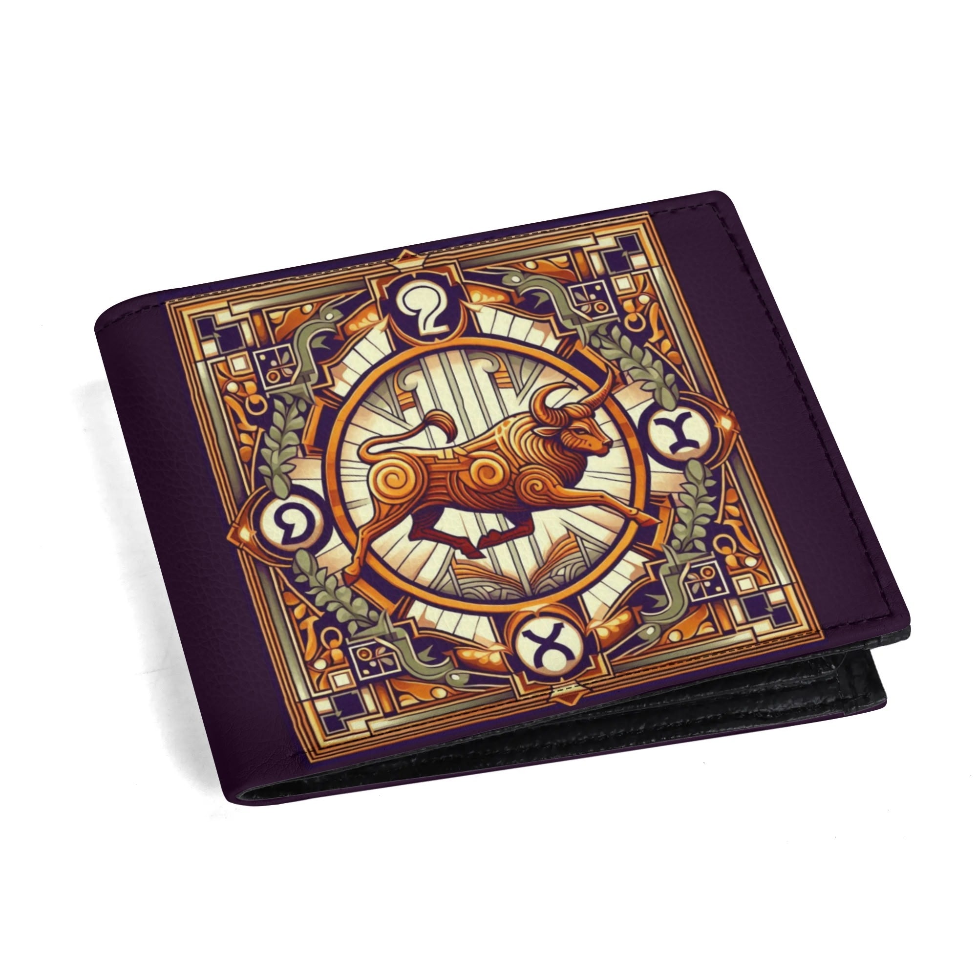 Decorative wallet with zodiac design on a white background