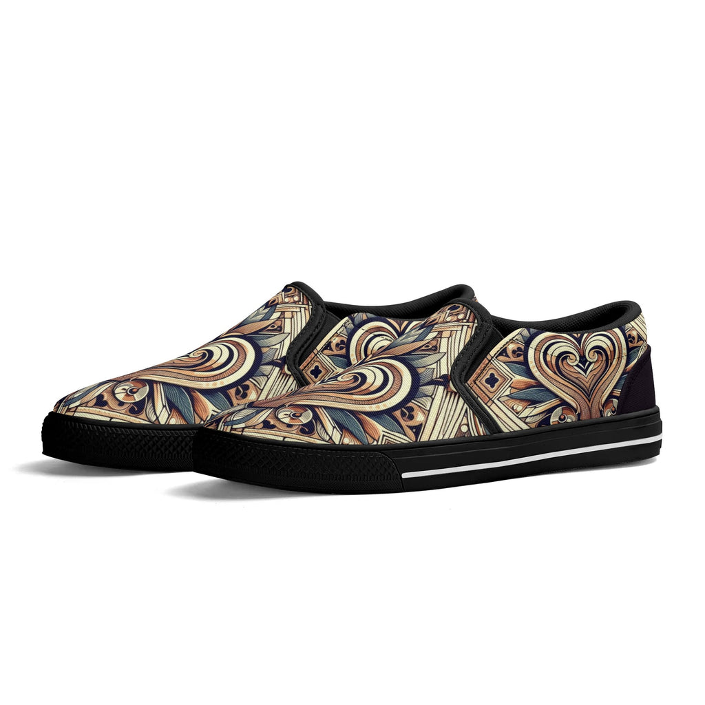 Bohemian-Inspired Mens Abstract Heart & Swirl Slip-On Canvas Shoes - Art Nouveau Design