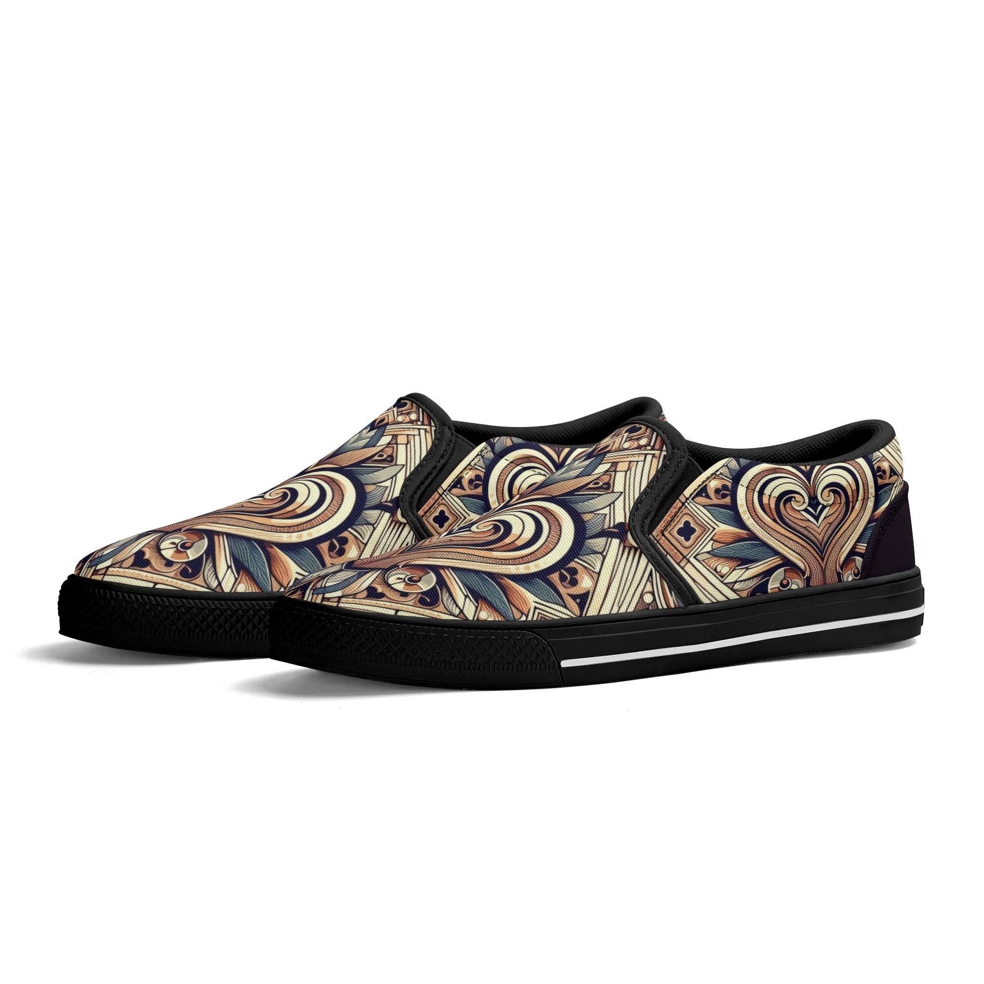 Bohemian-Inspired Mens Abstract Heart & Swirl Slip-On Canvas Shoes - Art Nouveau Design