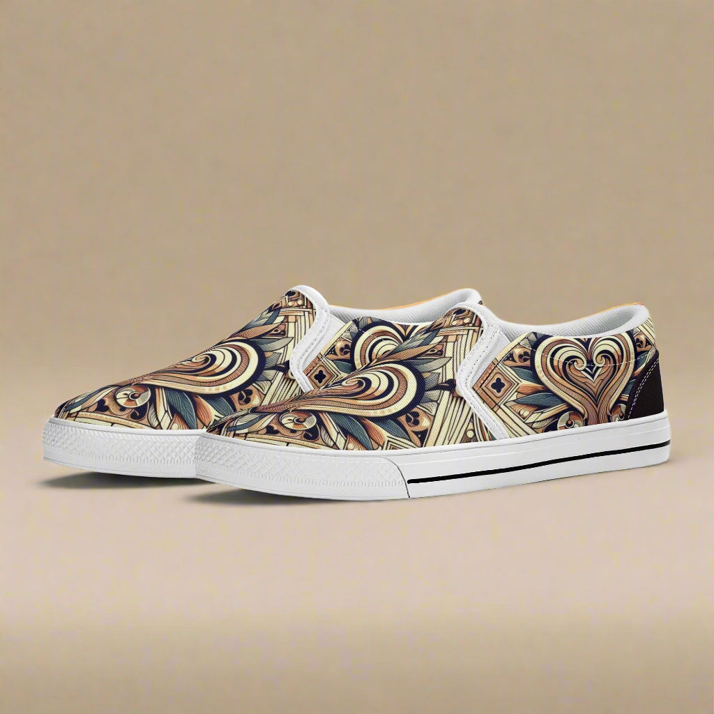 Pair of sneakers with intricate pattern on a beige background