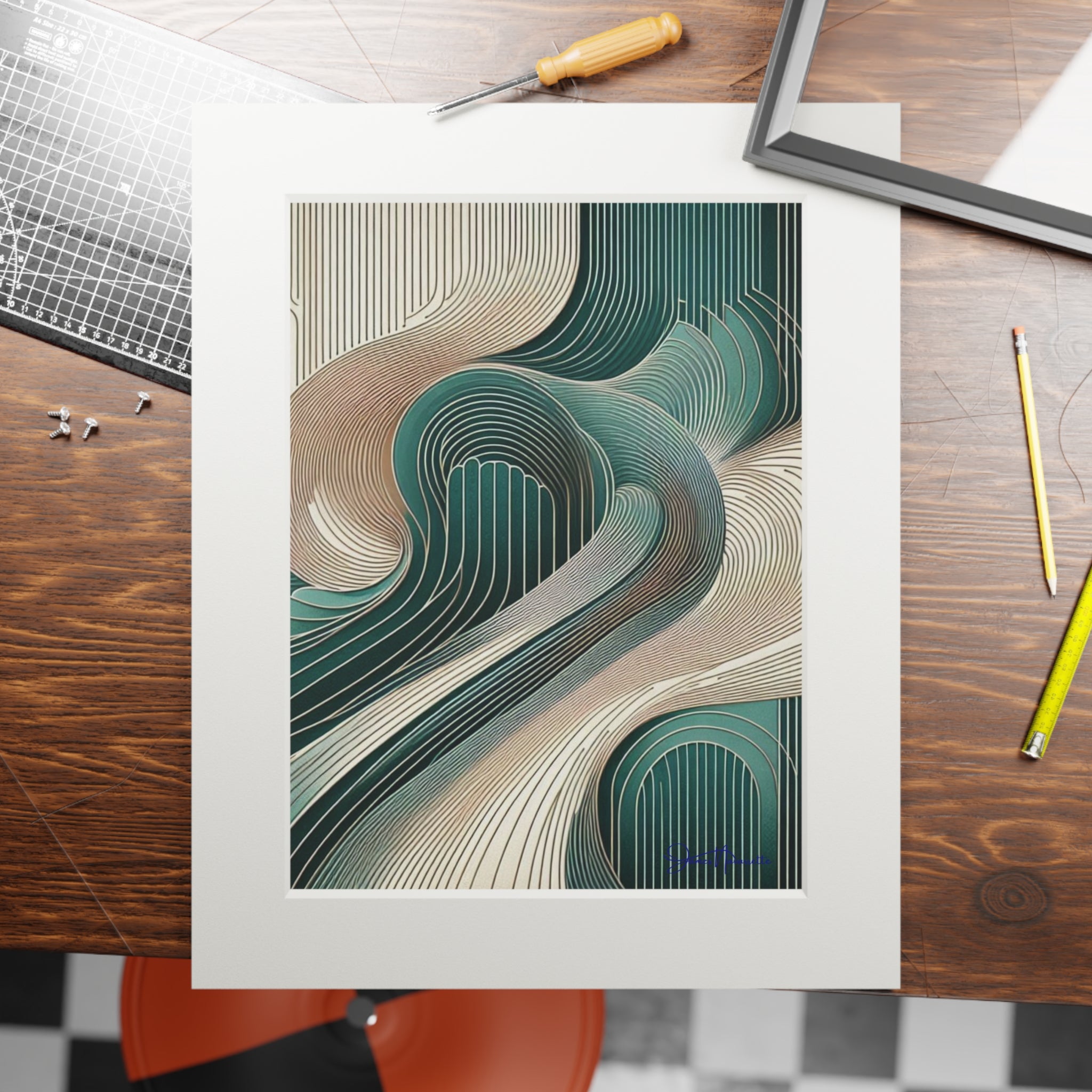 Fine Art Prints Abstract Landscape in cobalt, cream and white in Passepartout Paper Frame