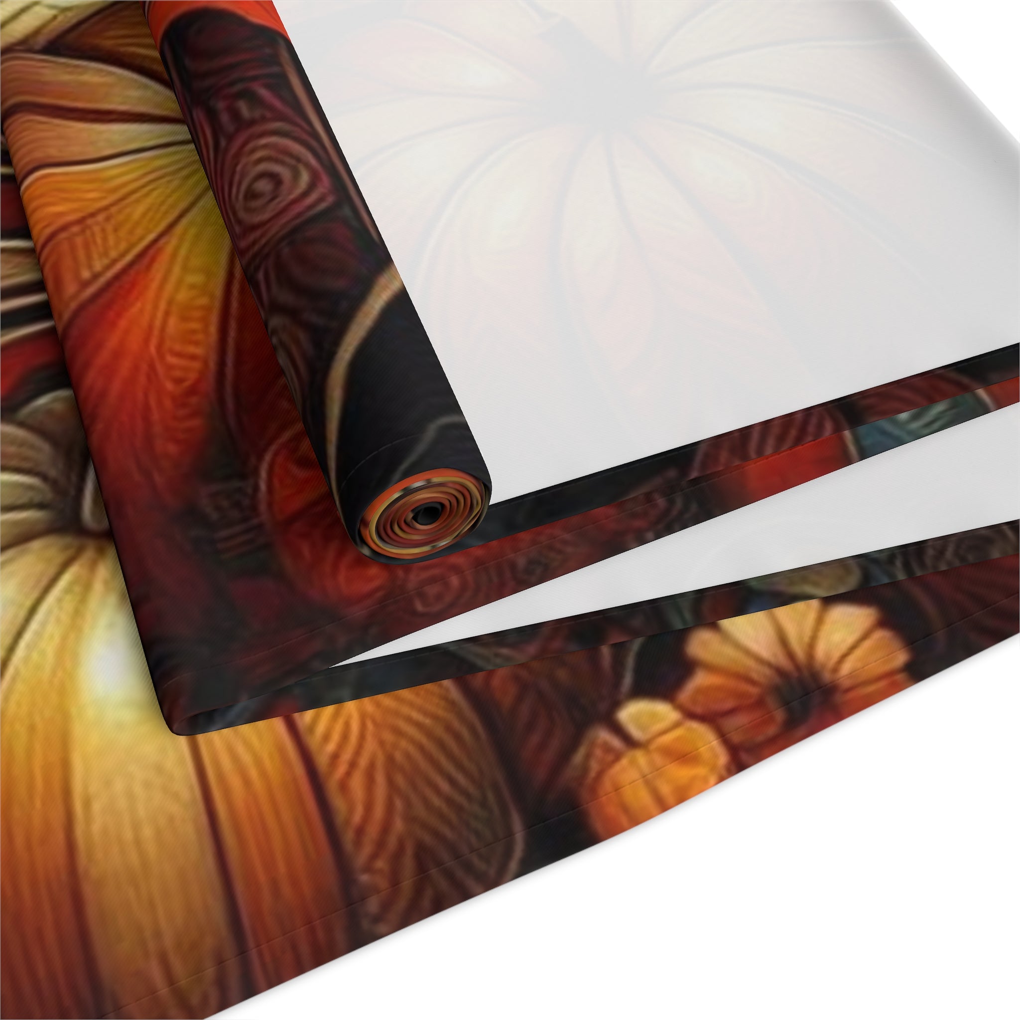 Roll of decorative paper with pumpkins and autumn patterns on a white background
