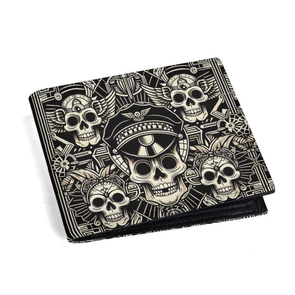 Black wallet with white skull design on a white background