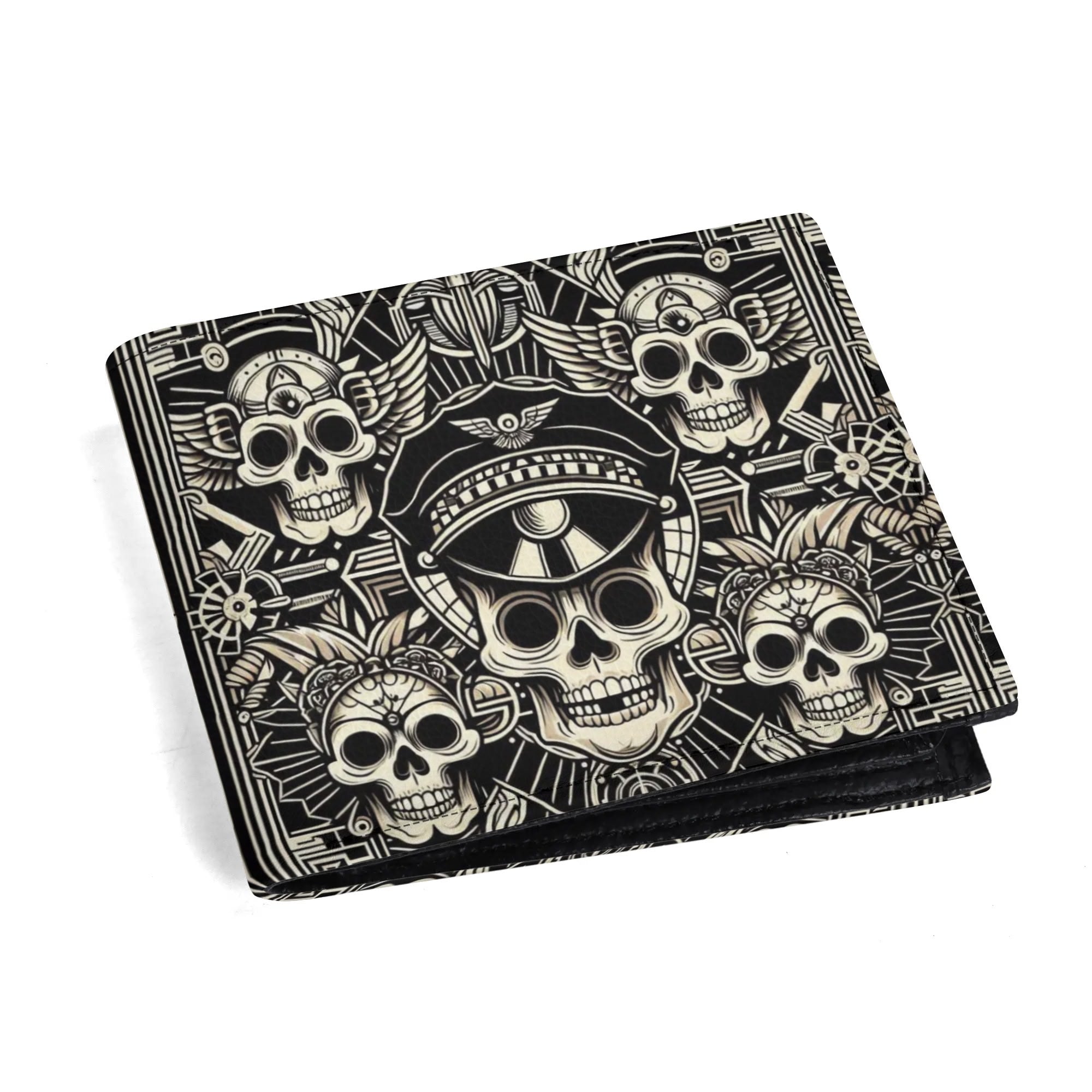 Black wallet with white skull design on a white background