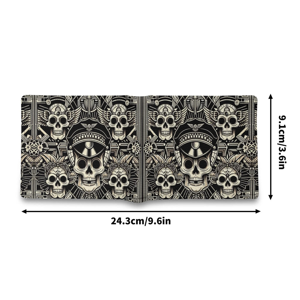 Skateboard deck with skull and hat design, dimensions indicated
