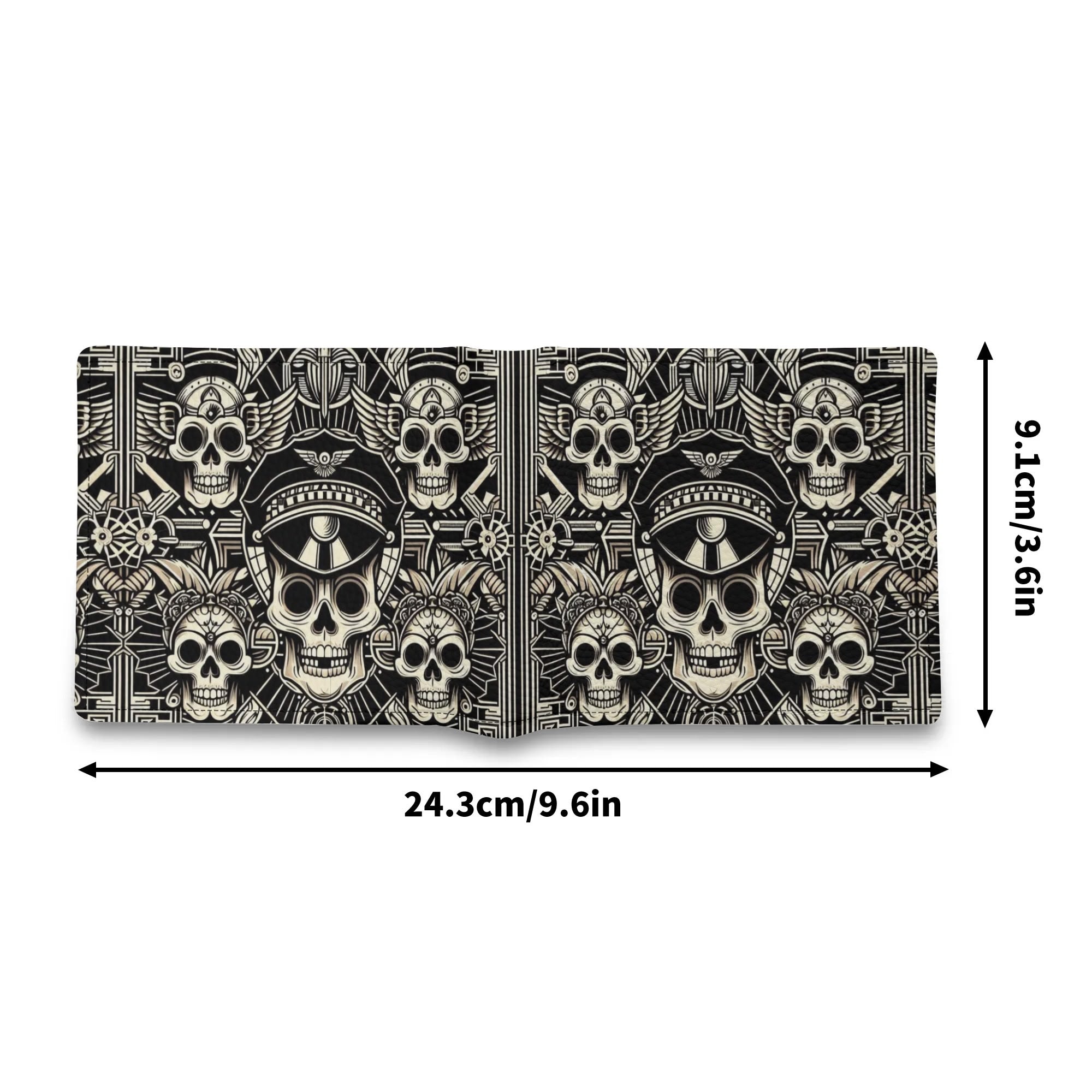 Skateboard deck with skull and hat design, dimensions indicated
