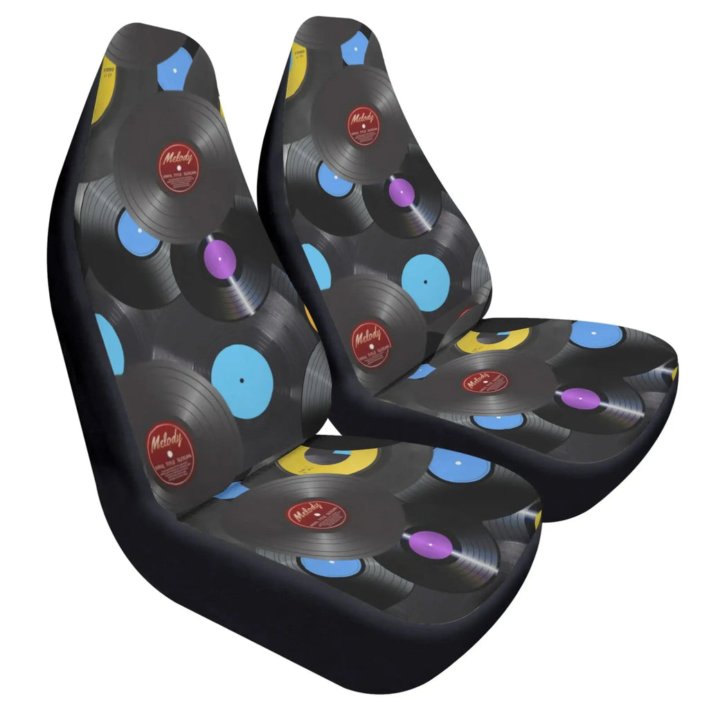 Vinyl record-themed car seat covers on a white background