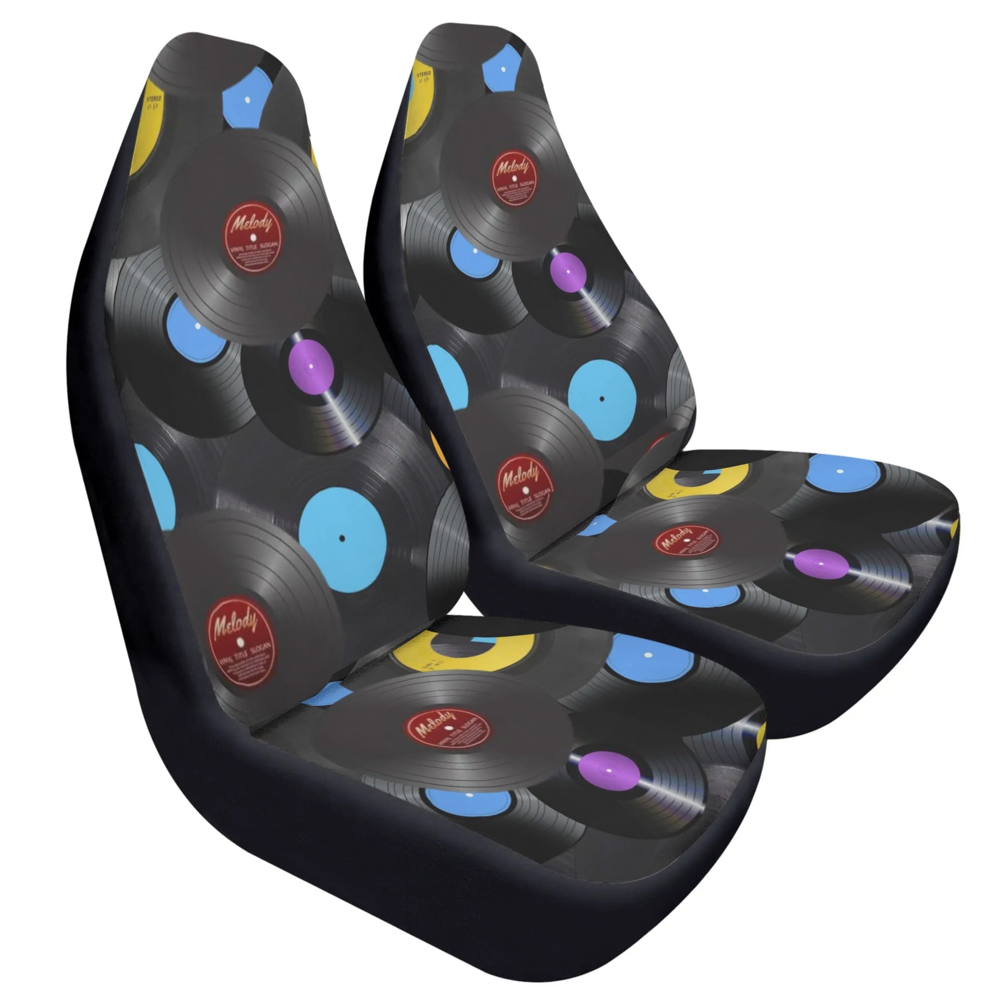 Vinyl record-themed car seat covers on a white background