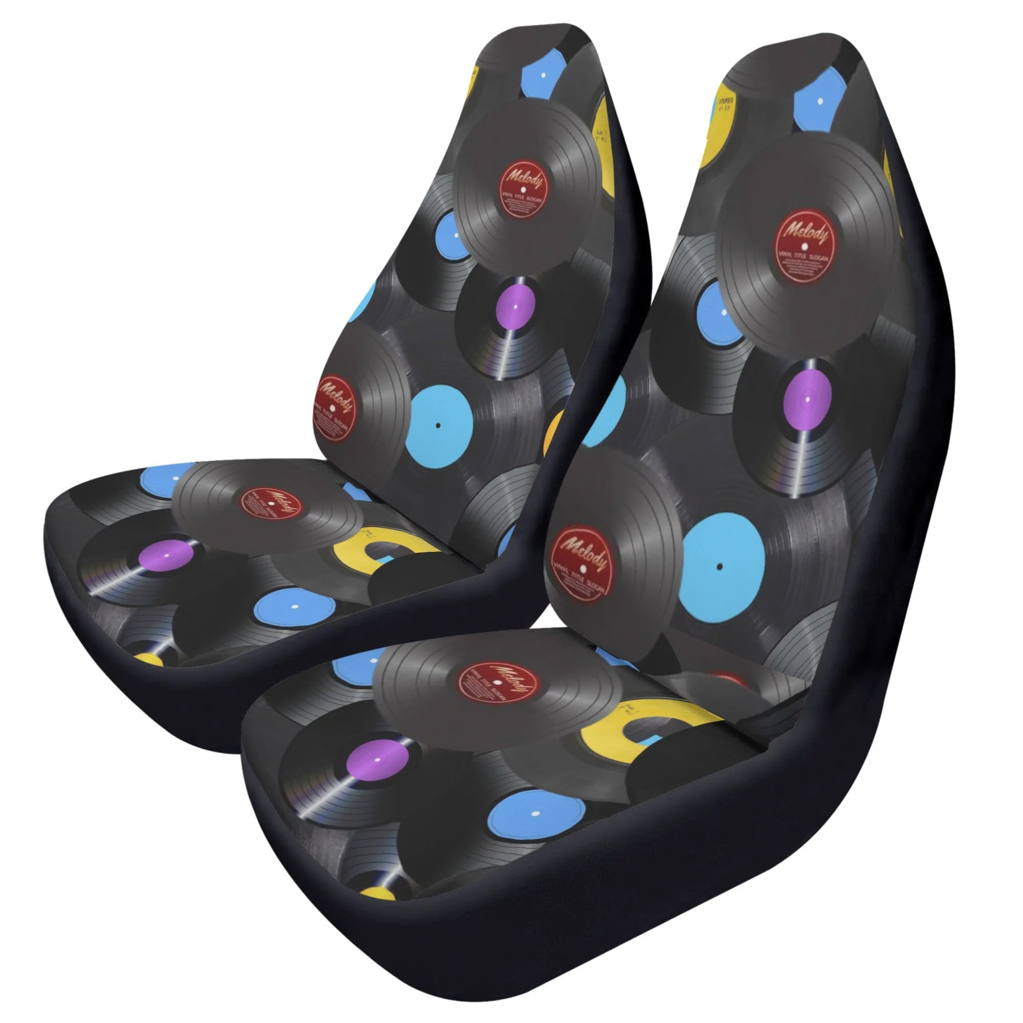 Car seat covers with vinyl record design on a white background
