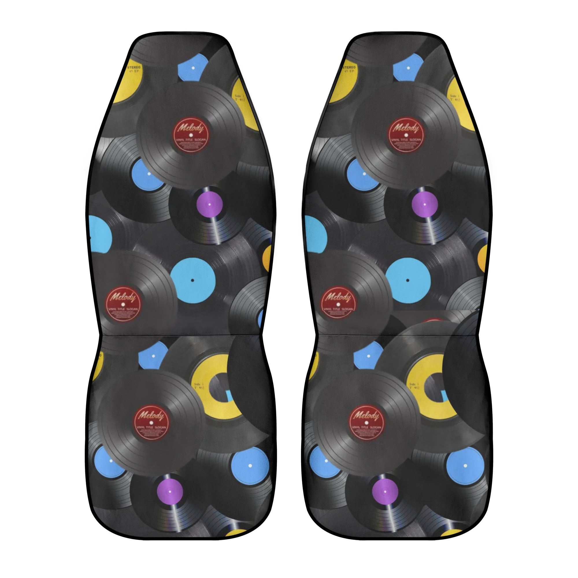 Pair of car seat covers with vinyl record design on a white background