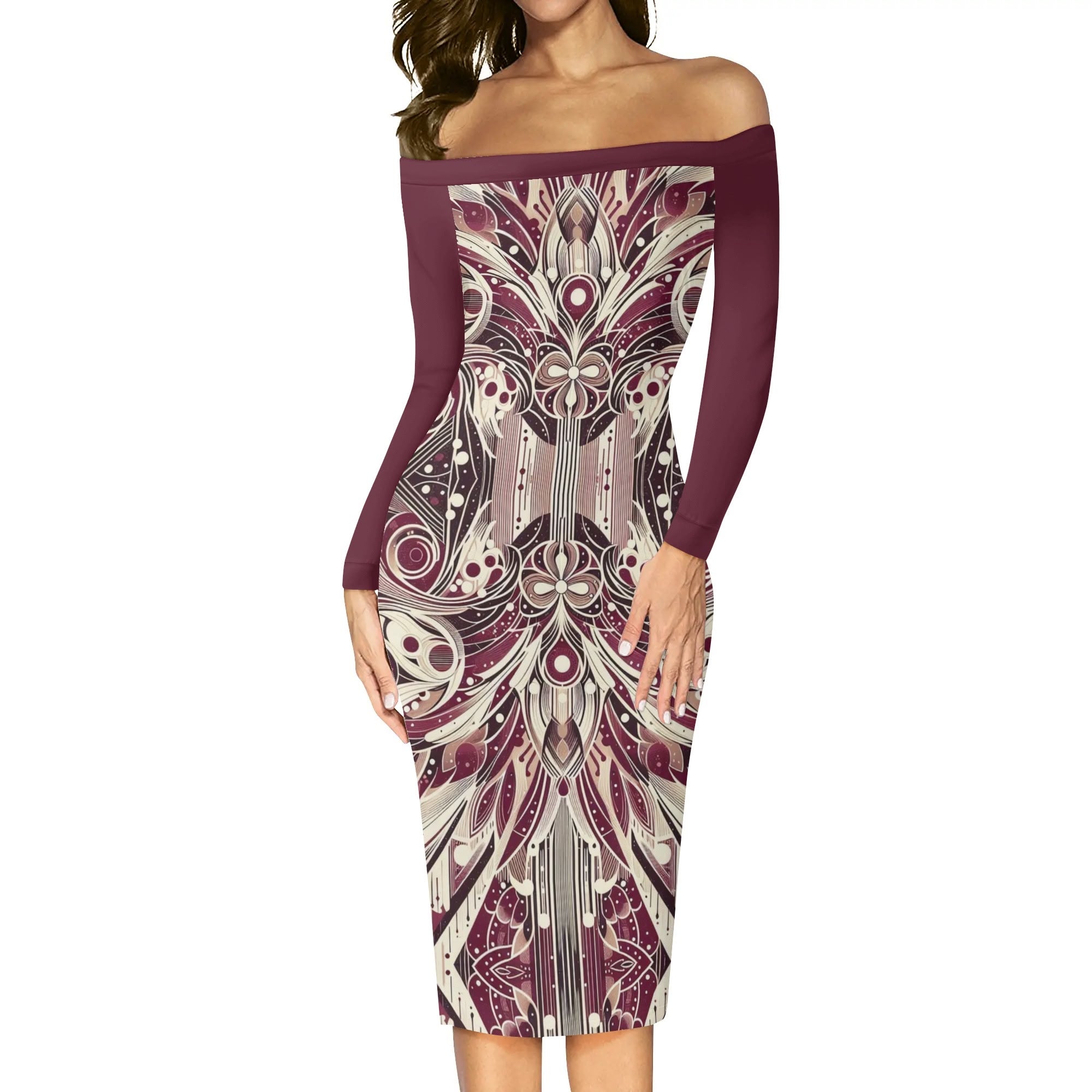 Symmetrical Mandala Design Off Shoulder Dress - Burgundy Elegant Wrap Dress for Women with Long Sleeves
