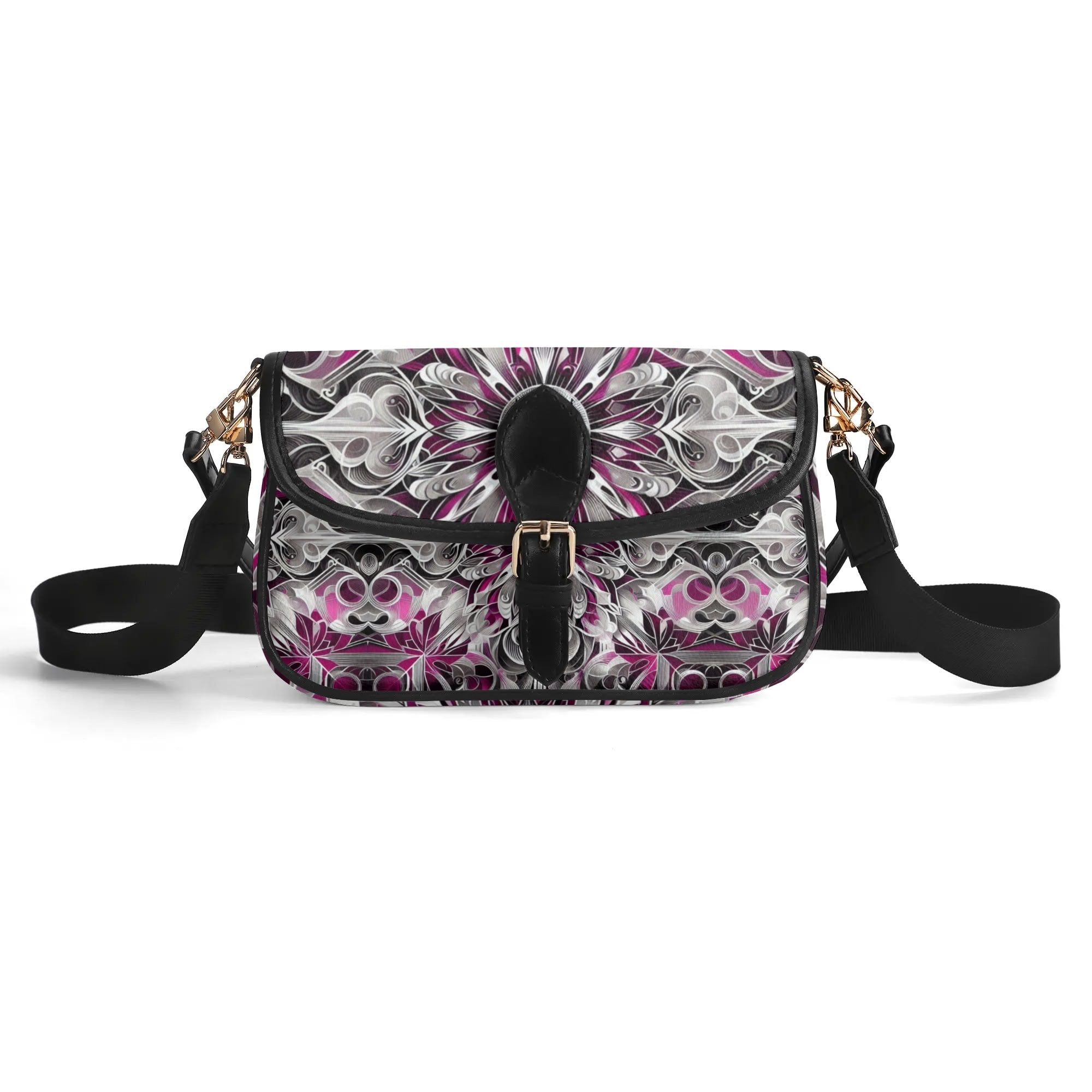 Floral patterned handbag with black strap on a white background