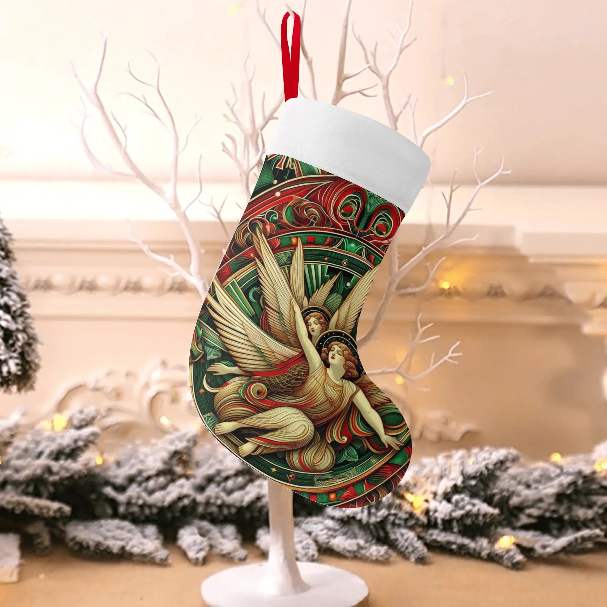 Decorative Christmas ornament with angel design on a stand against a festive background.