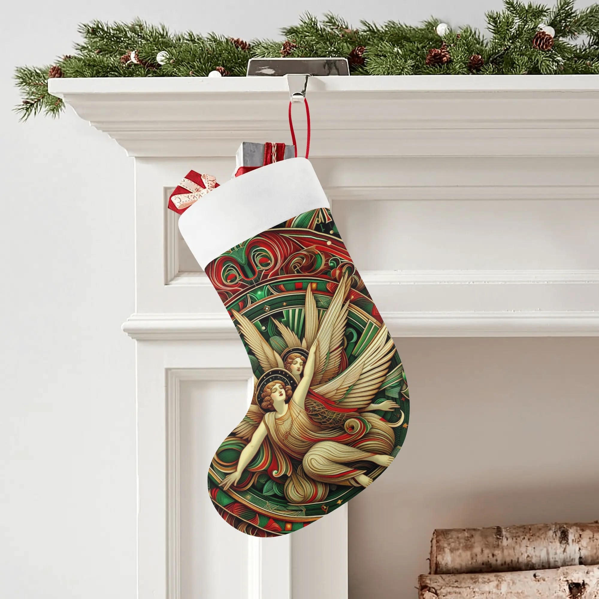 Decorative Christmas stocking with angel design hanging on a fireplace mantle.