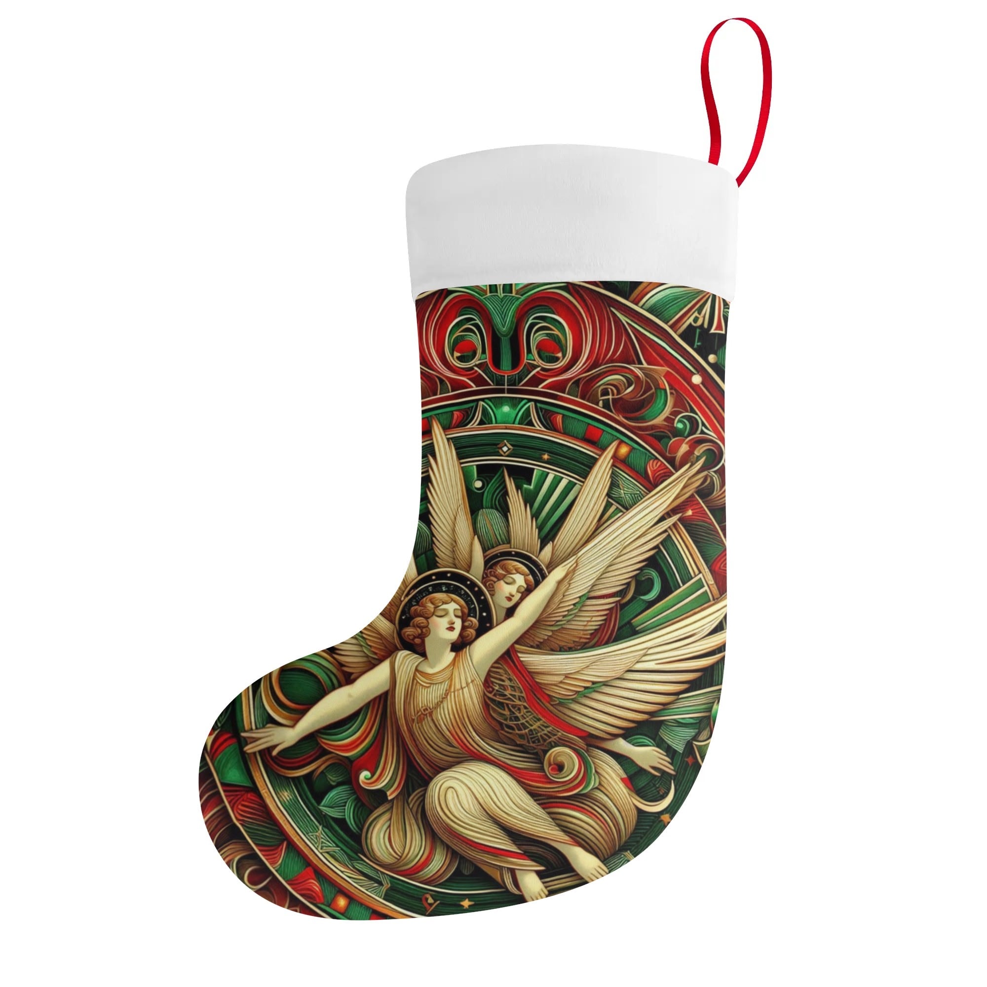 Decorative Christmas stocking with angel design on a white background