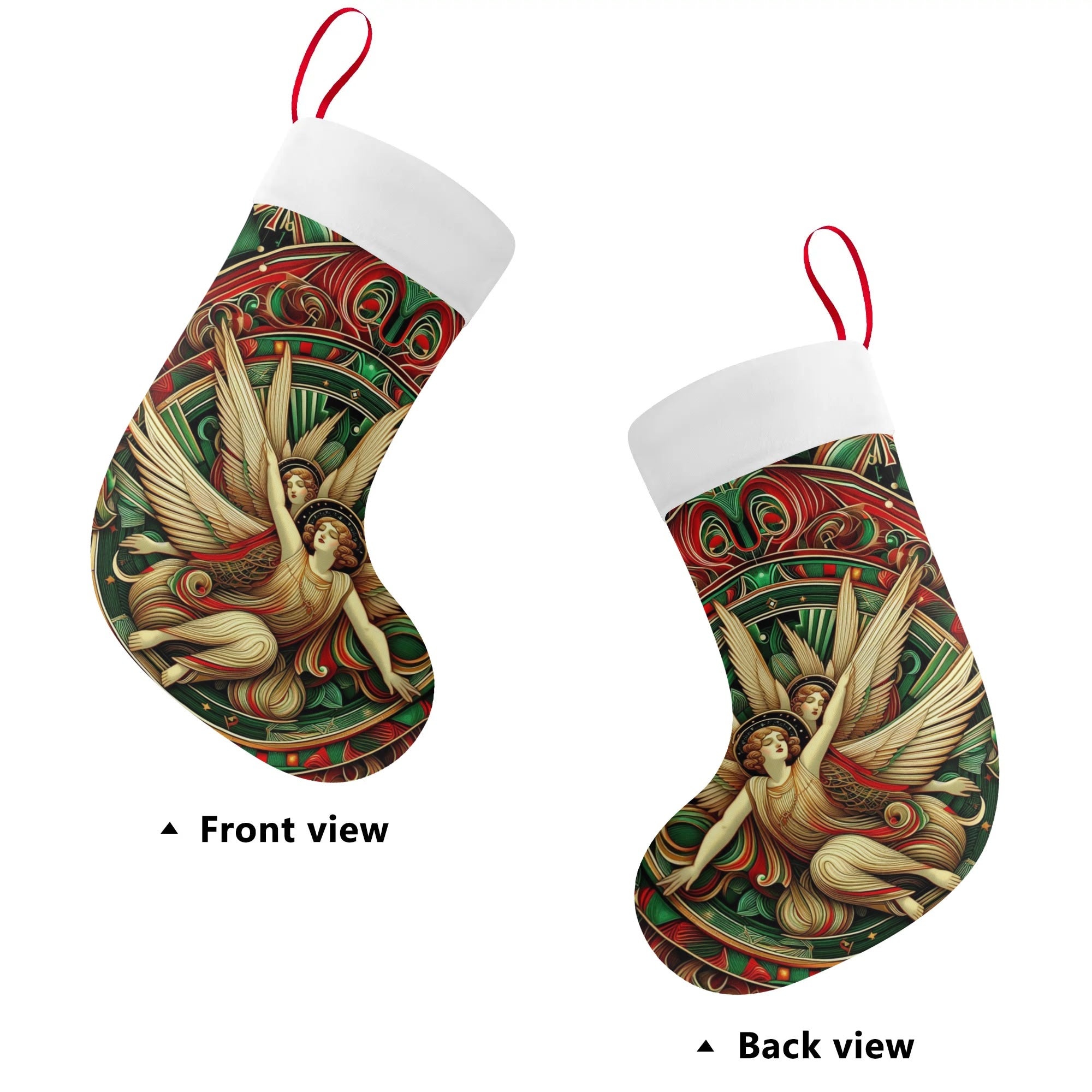 Decorative Christmas stocking with angel design on a white background