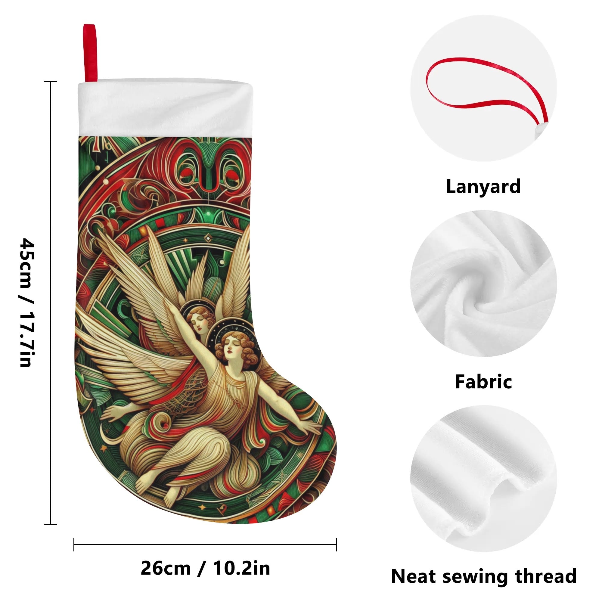 Decorative stocking with angel design, lanyard, fabric, and sewing thread on a white background