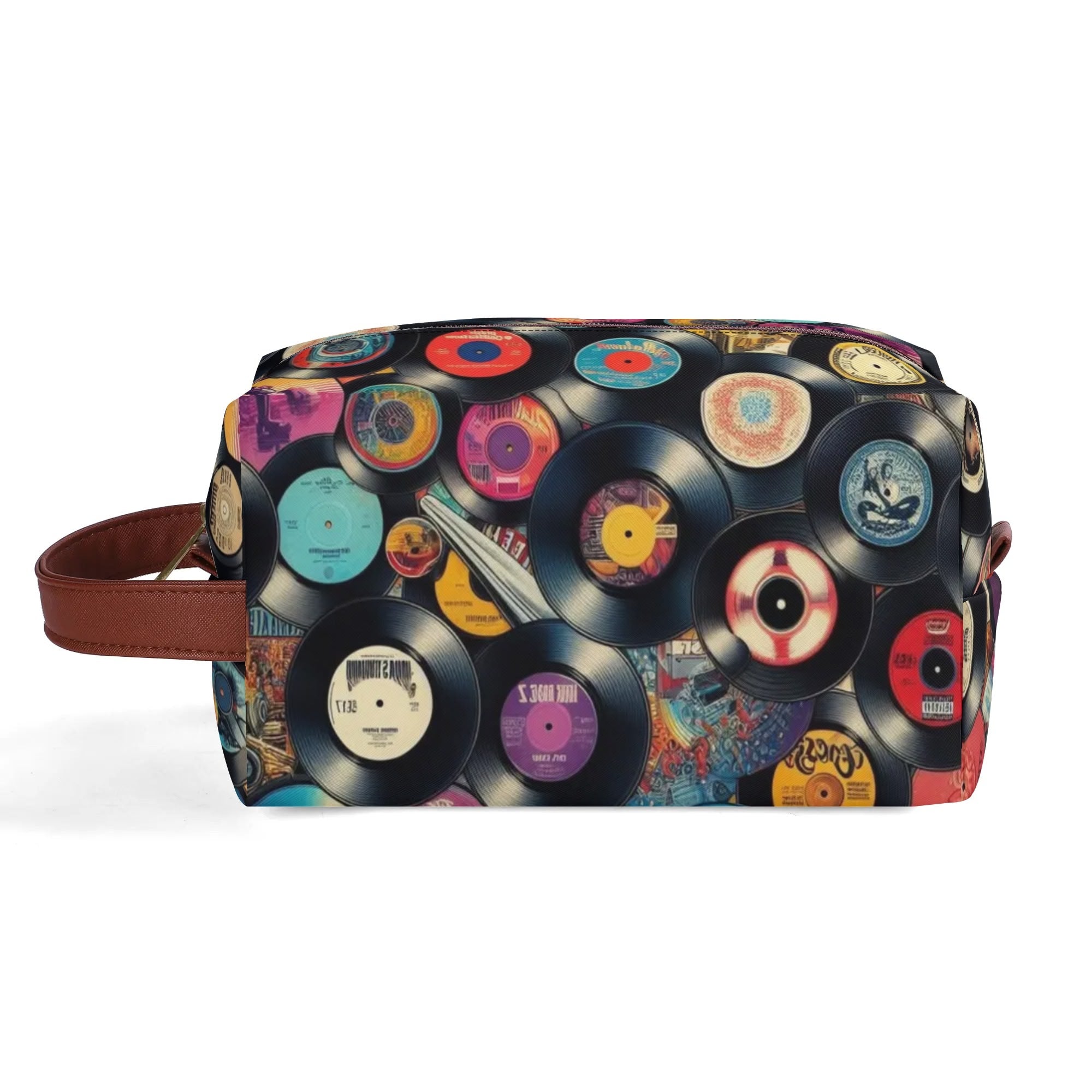Pop Art Vinyl Records Toiletry Bag - PU Leather Travel Organizer with Vintage Music Theme