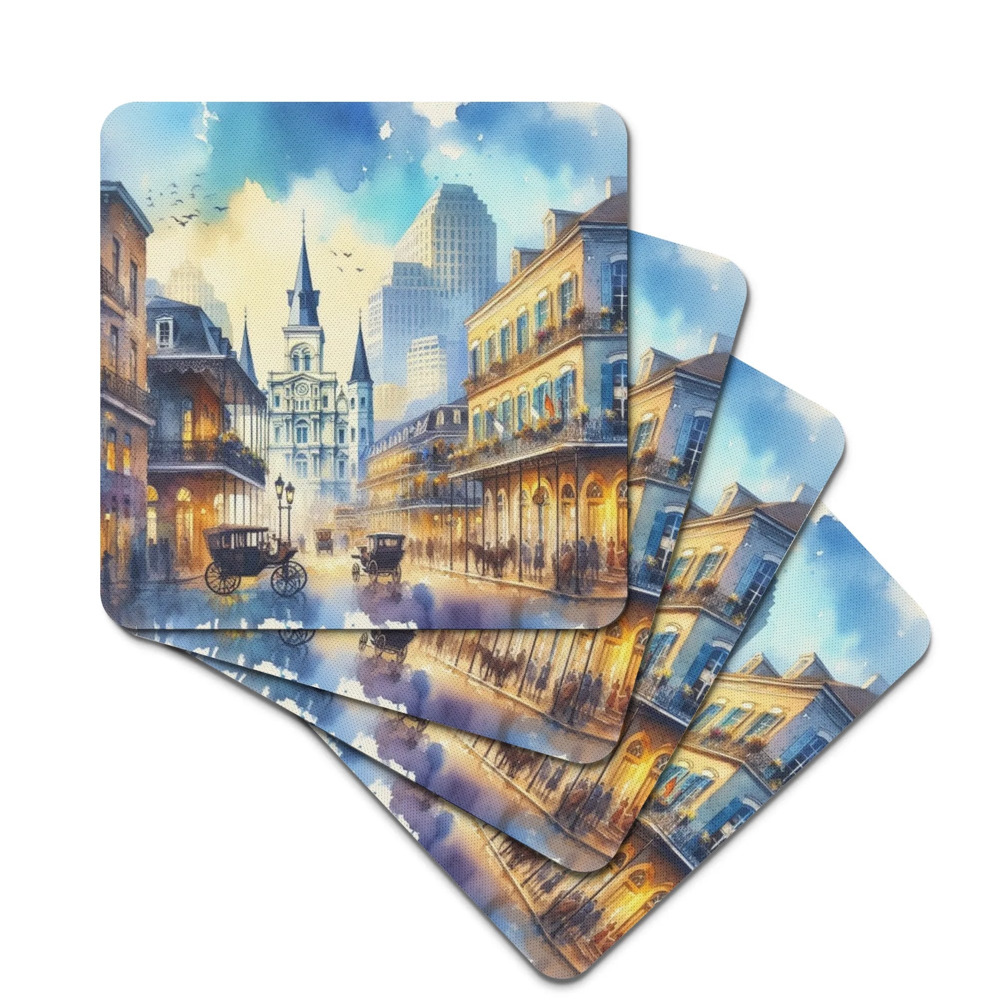 Blue Impressionist  Watercolor Art Vintage French Quarter Skyline Scene Rubber Coasters Set