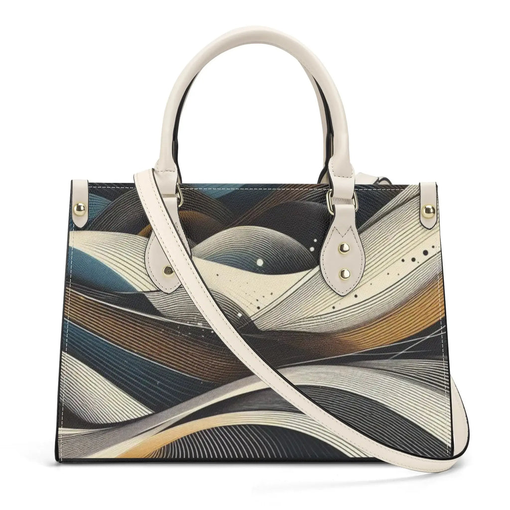 Handbag with abstract design and white handle on a white background