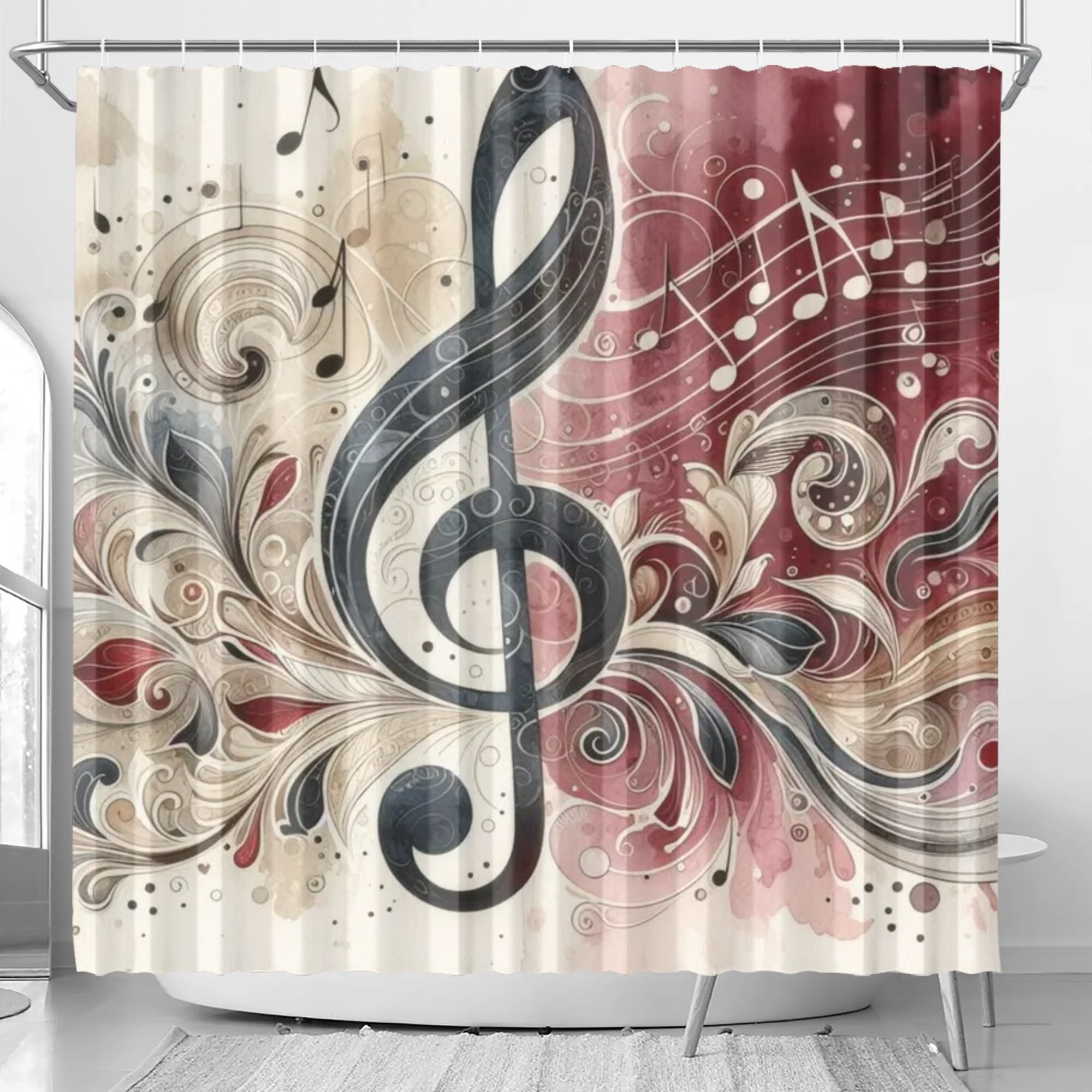 Shower curtain with musical notes and decorative swirls