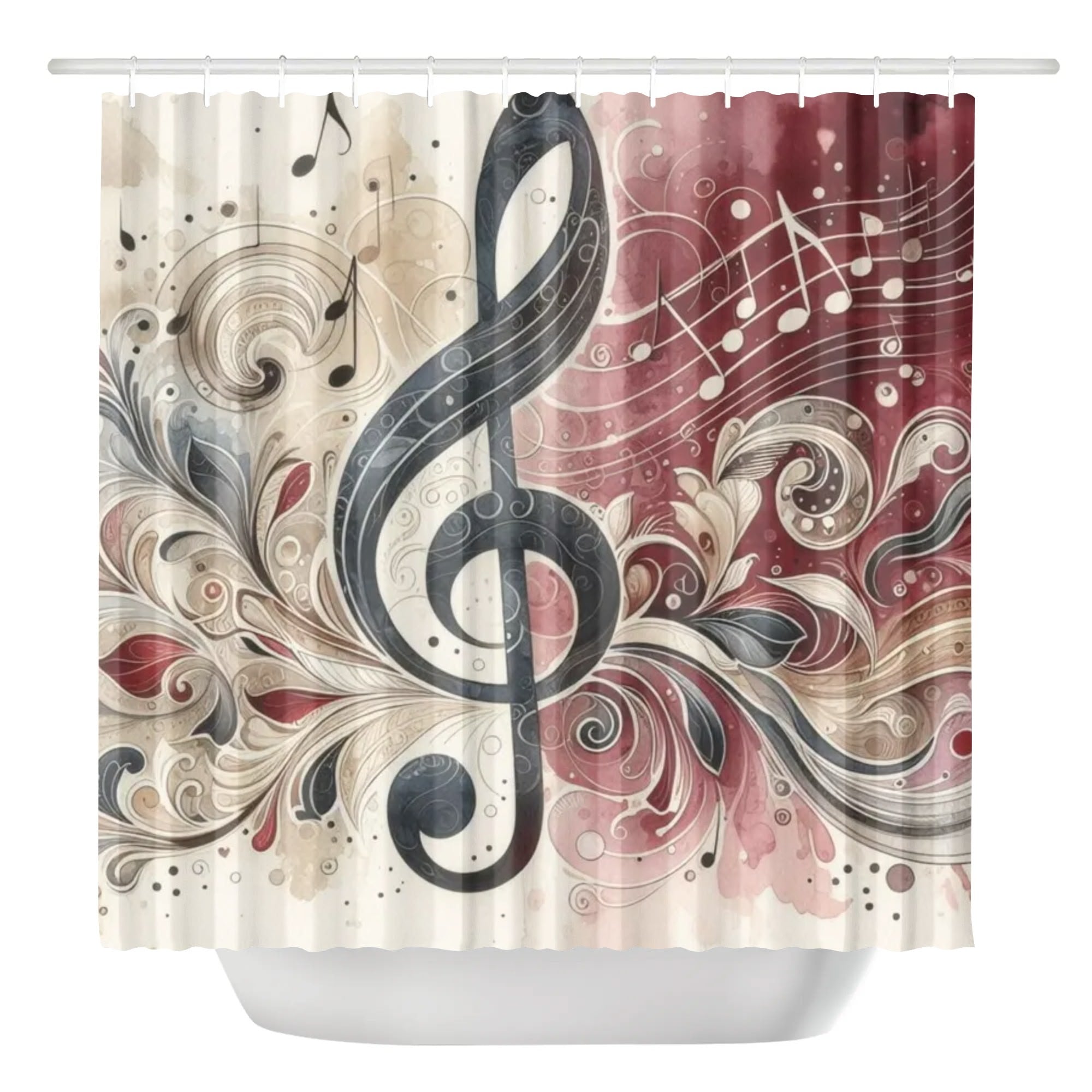 Shower curtain with musical design featuring a treble clef and swirling patterns.