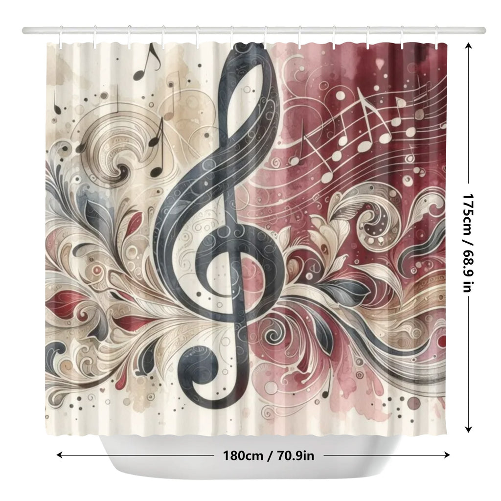 Shower curtain with musical design and measurements