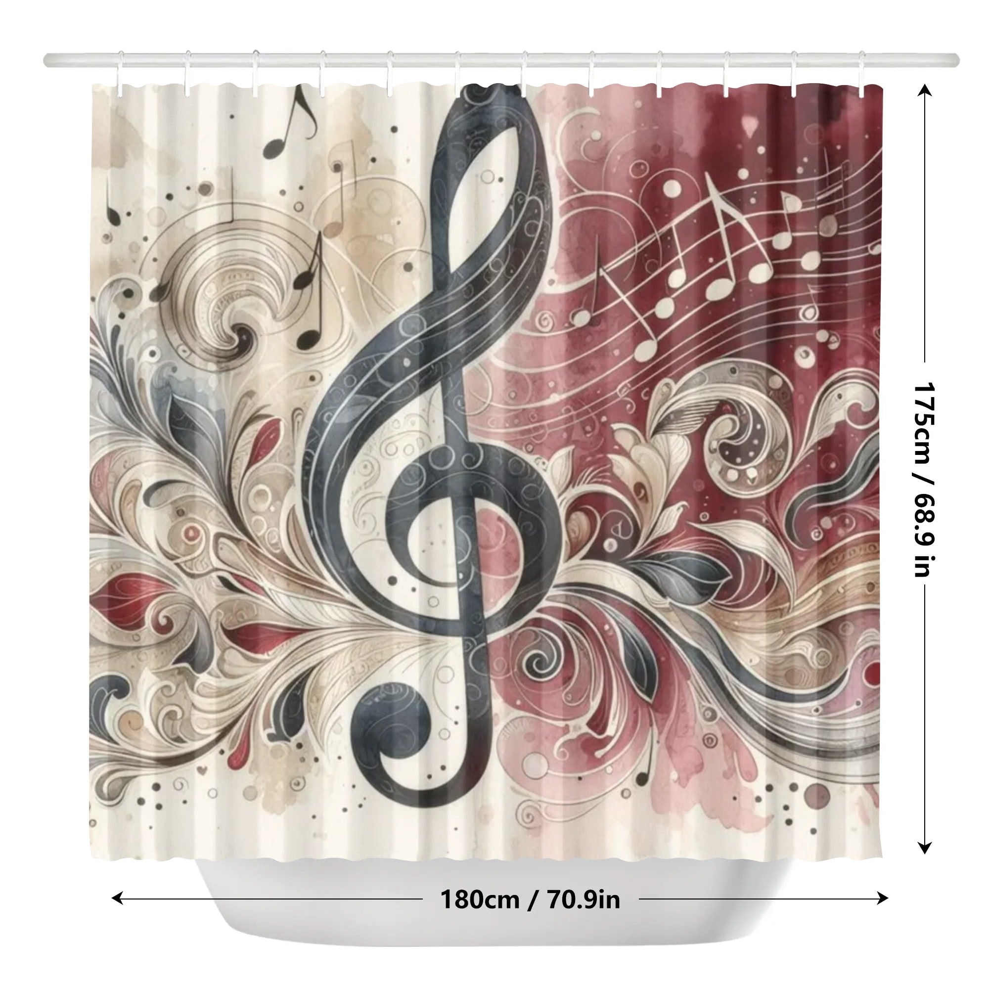 Shower curtain with musical design and measurements