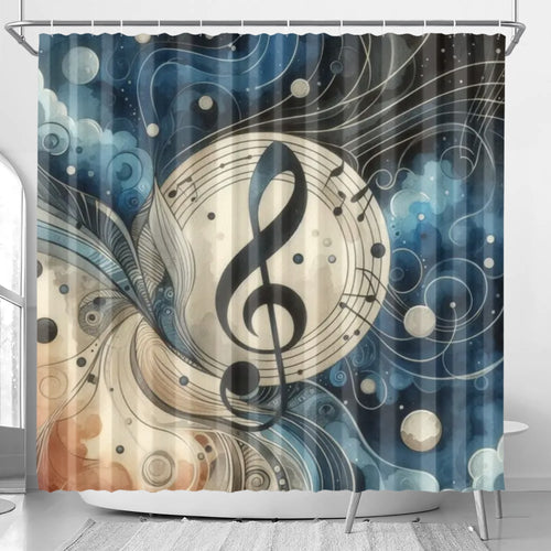 Shower curtain with musical note design in a bathroom setting