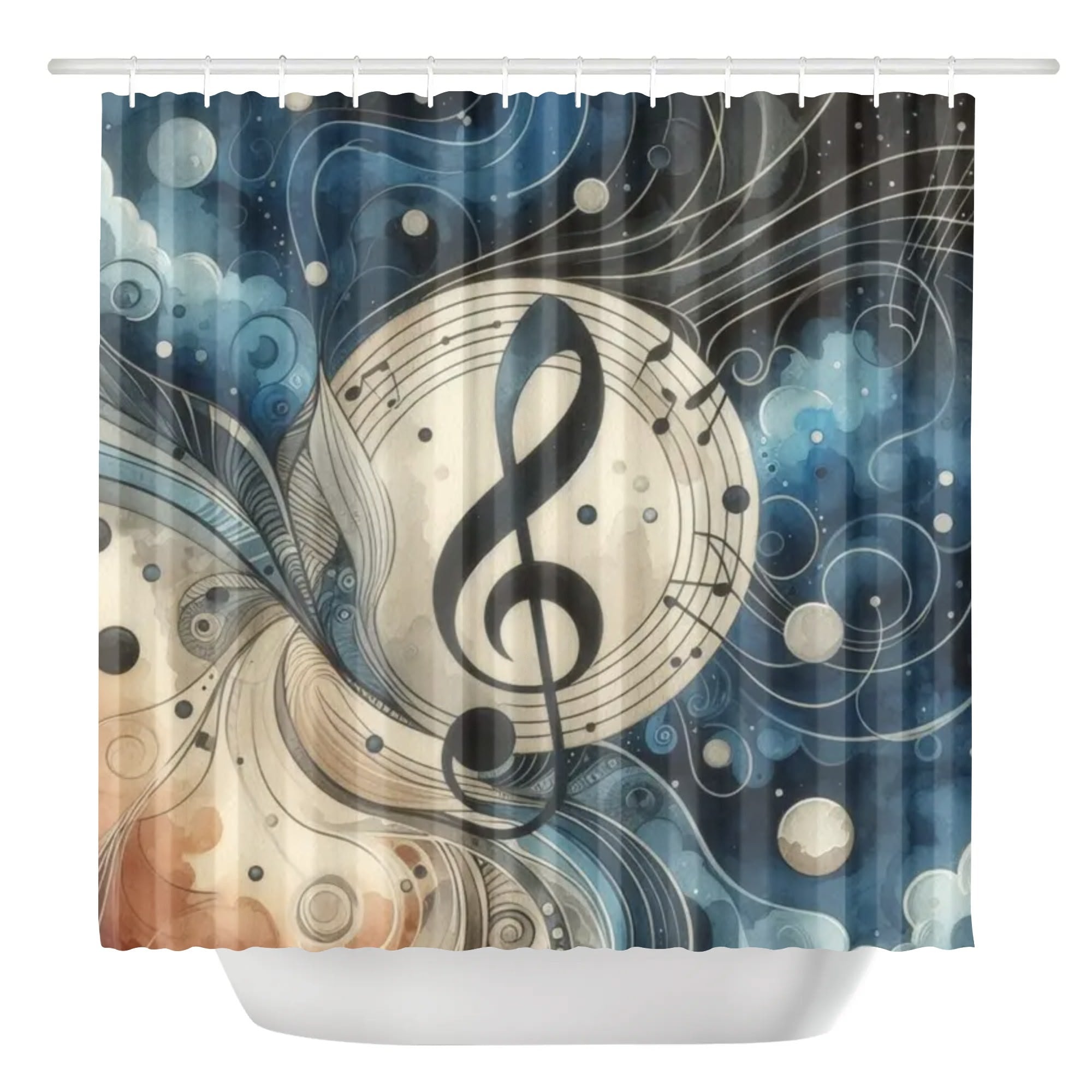 Shower curtain with musical note design on a blue and beige background