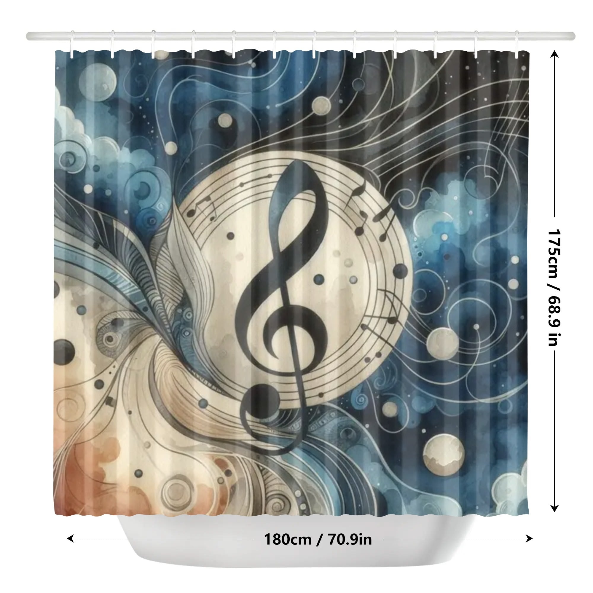 Shower curtain with musical note design and measurements