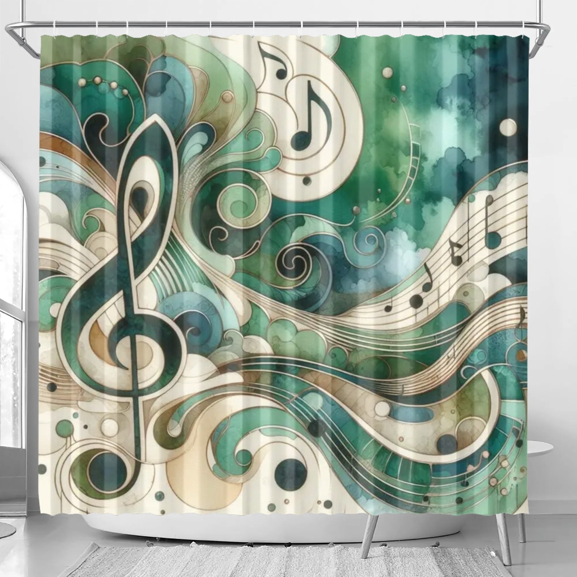 Shower curtain with musical notes design on a green and beige background