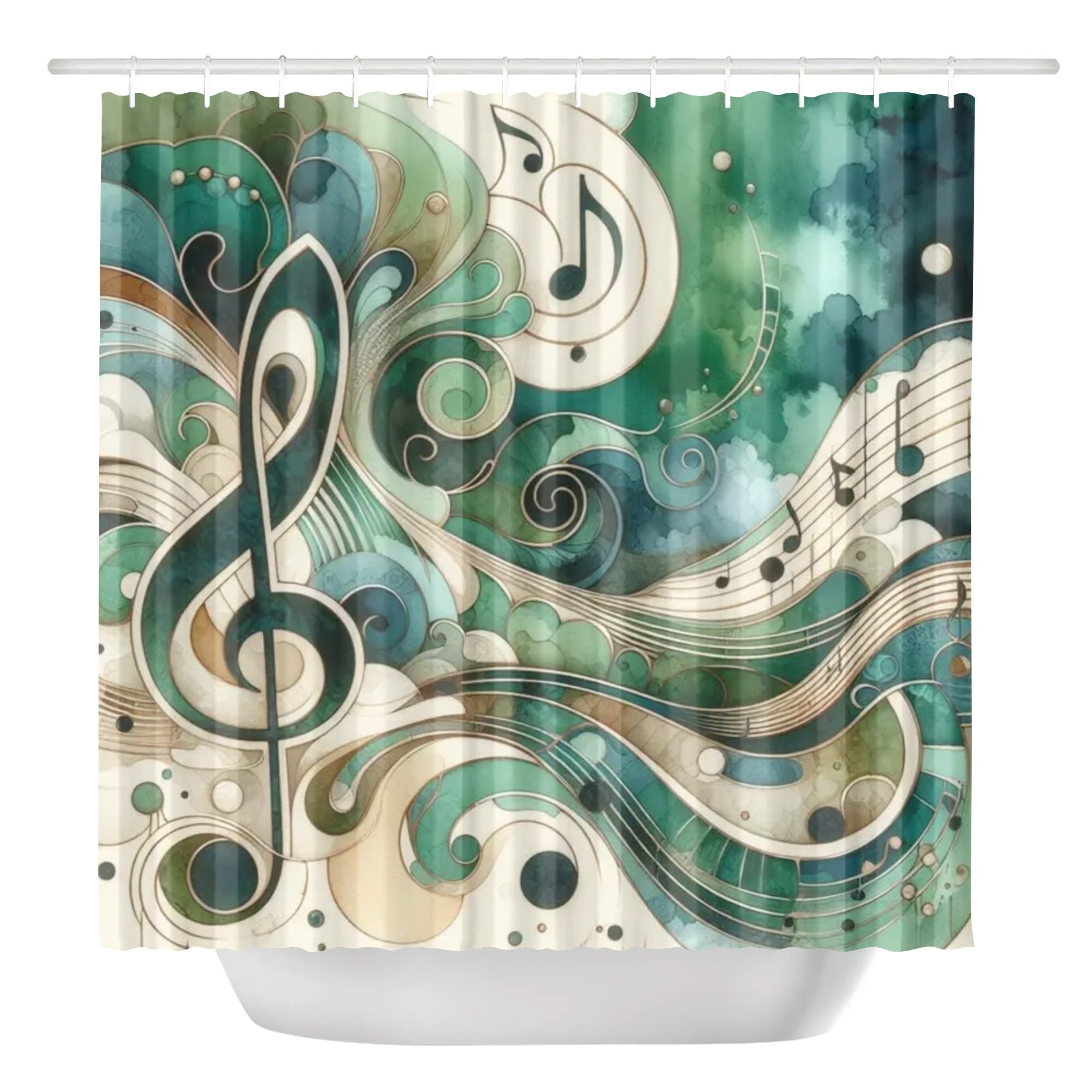 Shower curtain with musical notes and treble clef design on a green and beige background