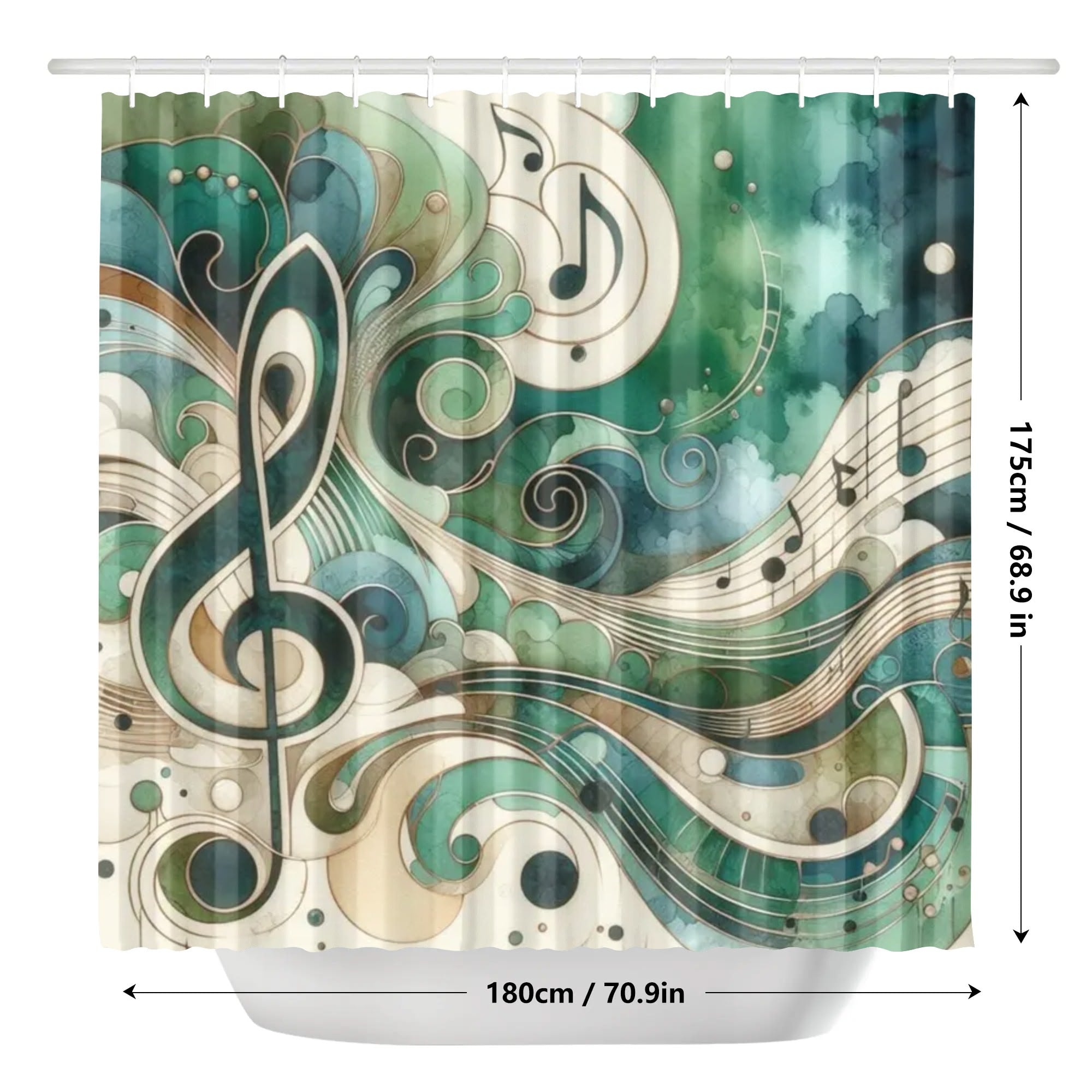 Art Nouveau Emerald Jade Treble Clef Shower Curtain - Musical Notes & Swirls Design