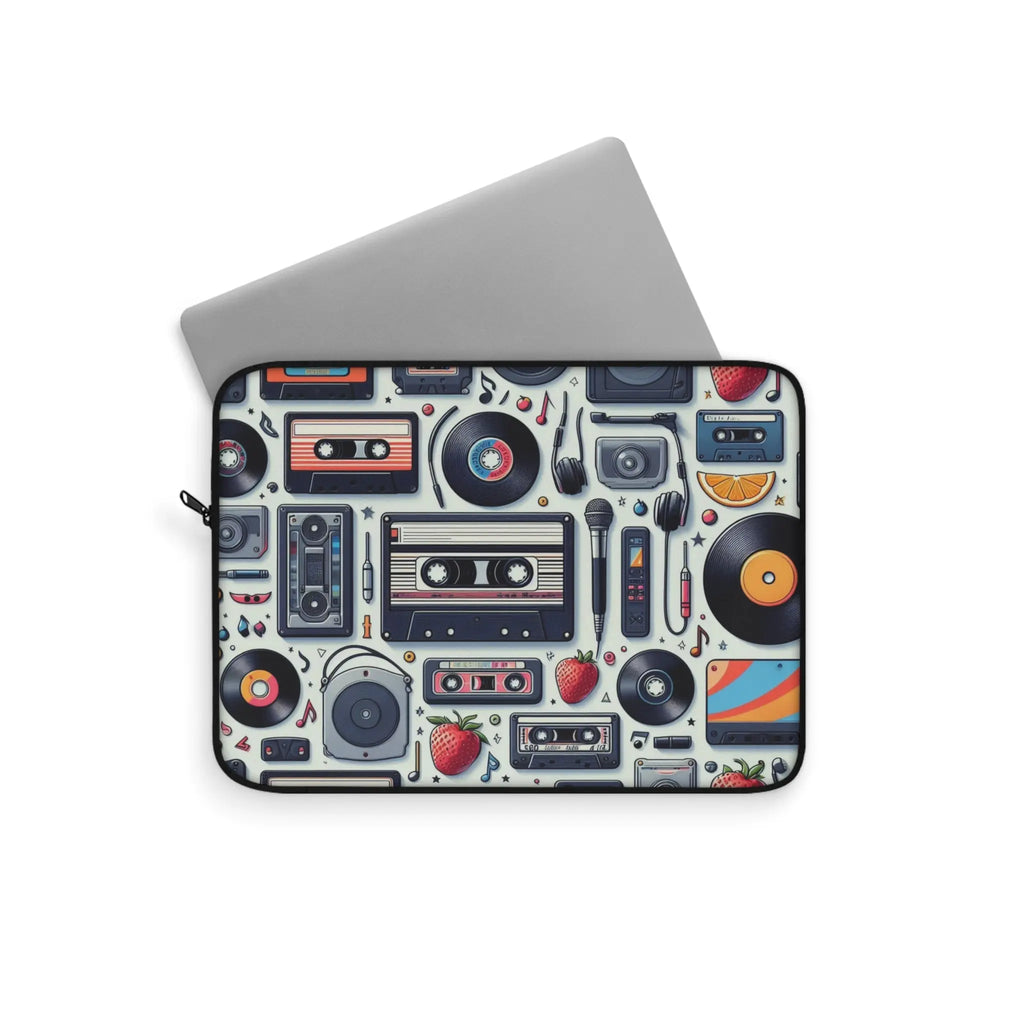 Laptop sleeve with retro music-themed design on a white background