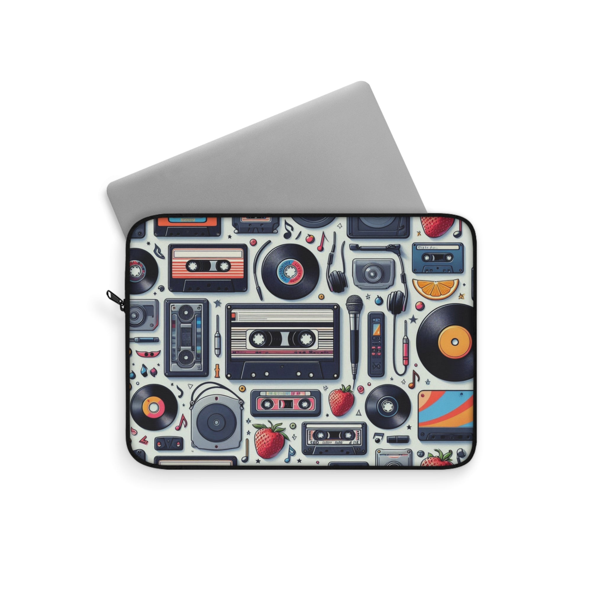 Laptop sleeve with retro music-themed design on a white background