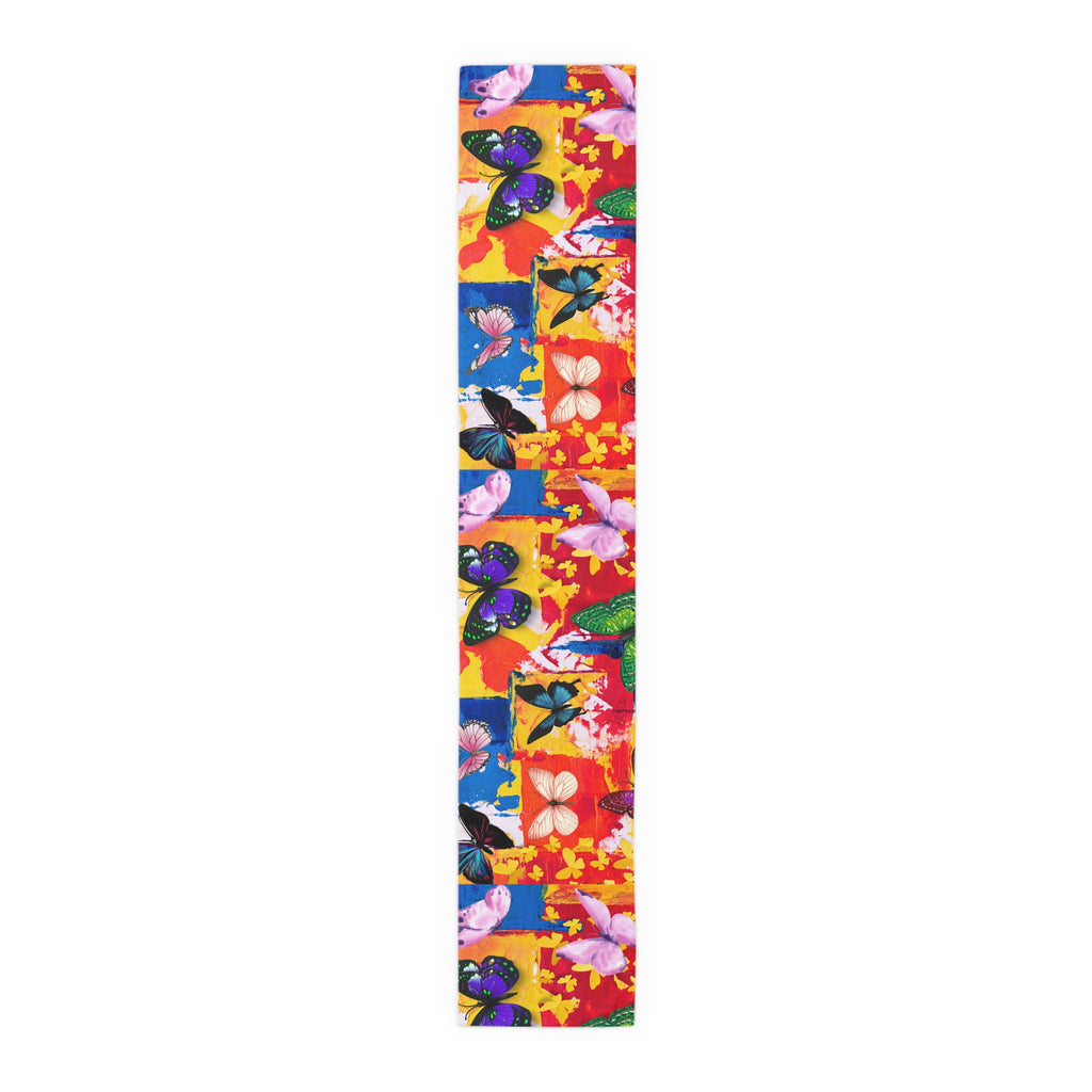Colorful skateboard deck with butterfly design on a white background